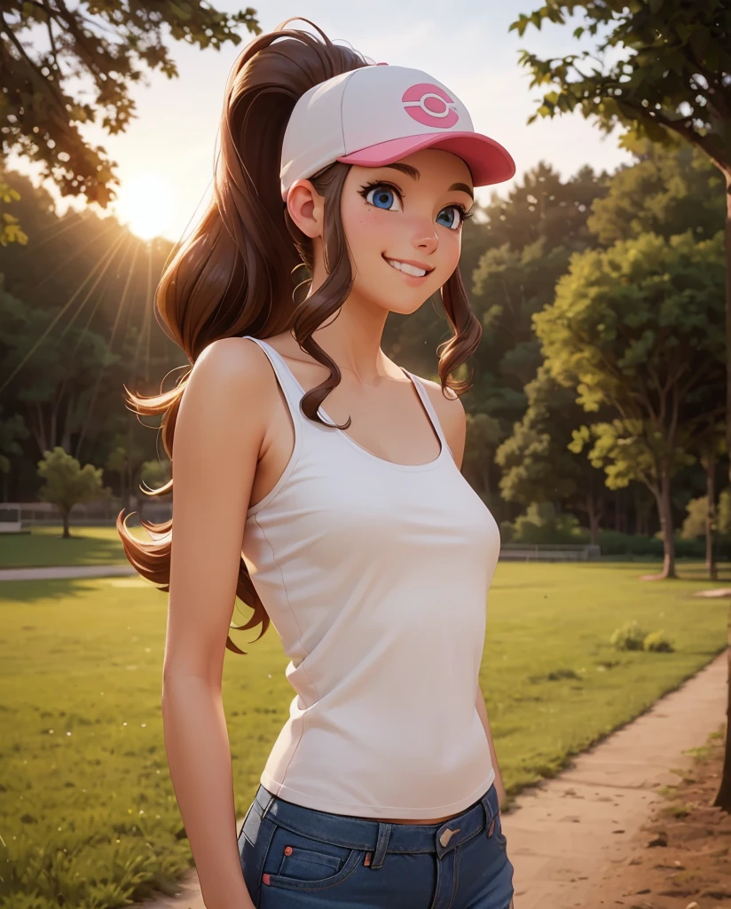 ((hilda)), ((Pokemon)), ((masterpiece)), ((high resolution)), ((solo portrait)), ((cute anime style)), {(attractive figure), (eccentuated curves), (brown hair), (long ponytail), (cute blue eyes), (small breasts), (cute smile)}, {(white tank top), (short jean shorts), (exposed pockets), (white baseball cap with pink brim)}, {(looking at viewer)}, ((plains)), ((park)), ((sun rays)), ((trees)), ((sunset))