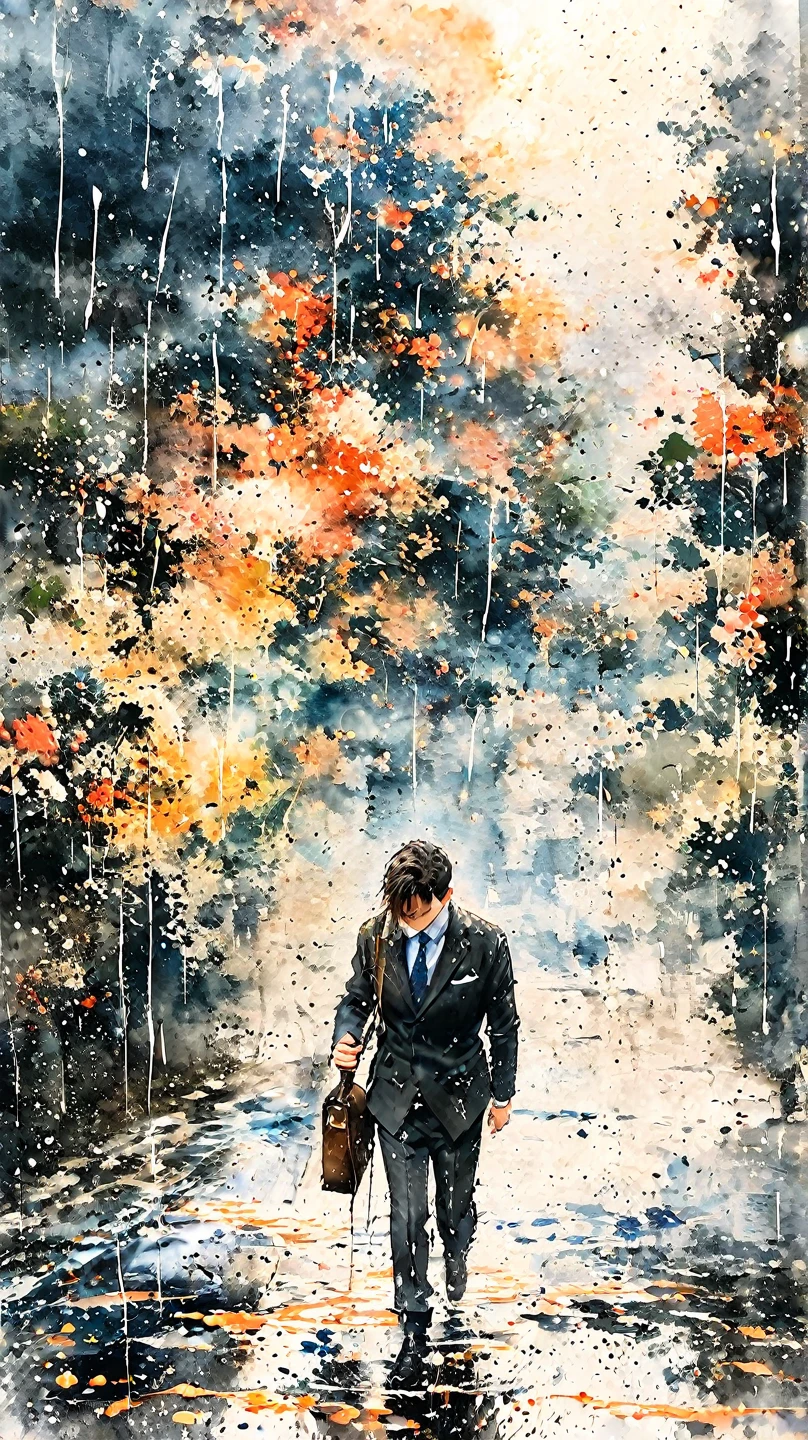 watercolor painting of a man in suit in the rain. full body shot of the man who is soaked under the rain. he tilts his head up to face the rain, the rainwater flows down his face. he is walking in the street, holding his hands out to feel the rain. watercolor brushes stroke painting style. the sky is dark.
