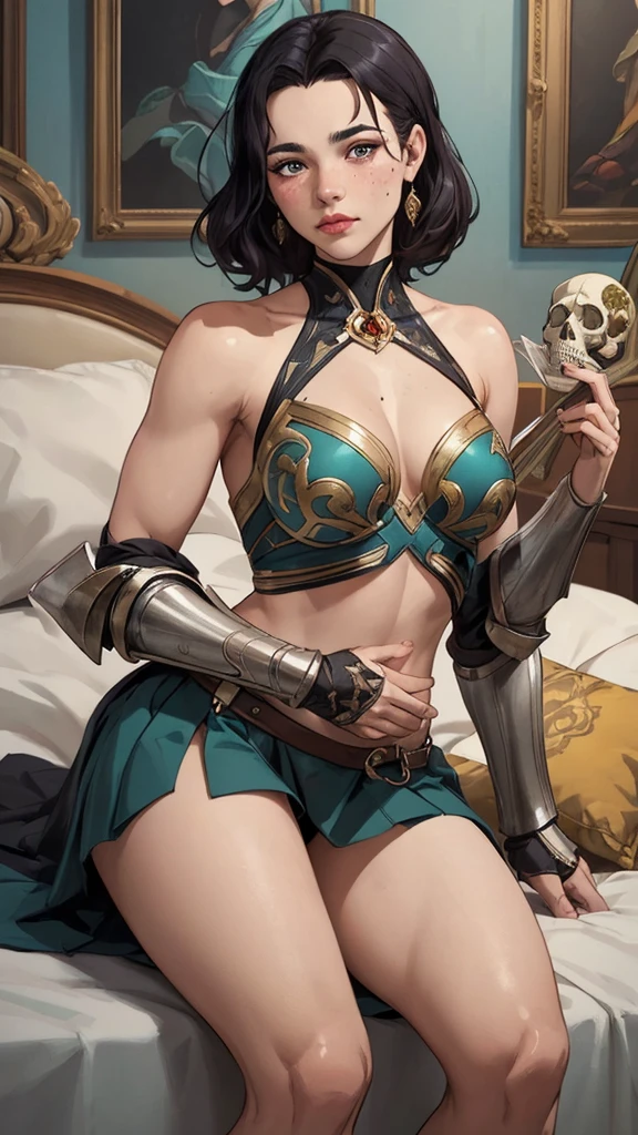 brunette warrior, armor, medieval fantasy, D&d, RPG, ultra realistic, ultra detailed, best quality, 8k, wallpaper, steel breastplate, steel boots, steel gauntlets, steel gloves, front, sitting, legs open, with hand in panties, skirt lifted, green skirt, tiny panties, tight panties, white panties, open crotch, panty view, upskirt, thong, cameltoe, pantyshot, RAW,