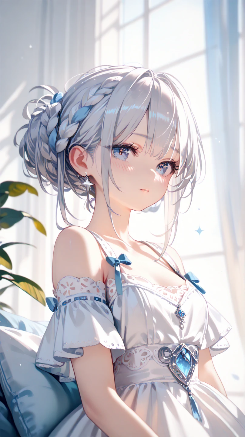 A beautiful anime-style girl with short silver hair and blue eyes, delicate facial features, soft blush on her cheeks, wearing a white off-shoulder dress with light blue ribbons, sitting in a sunlit room with soft natural lighting, detailed and intricate hairstyle with braids, stunning and sparkling eyes with star-like reflections, highly detailed and realistic illustration, soft shading, elegant and calming atmosphere
