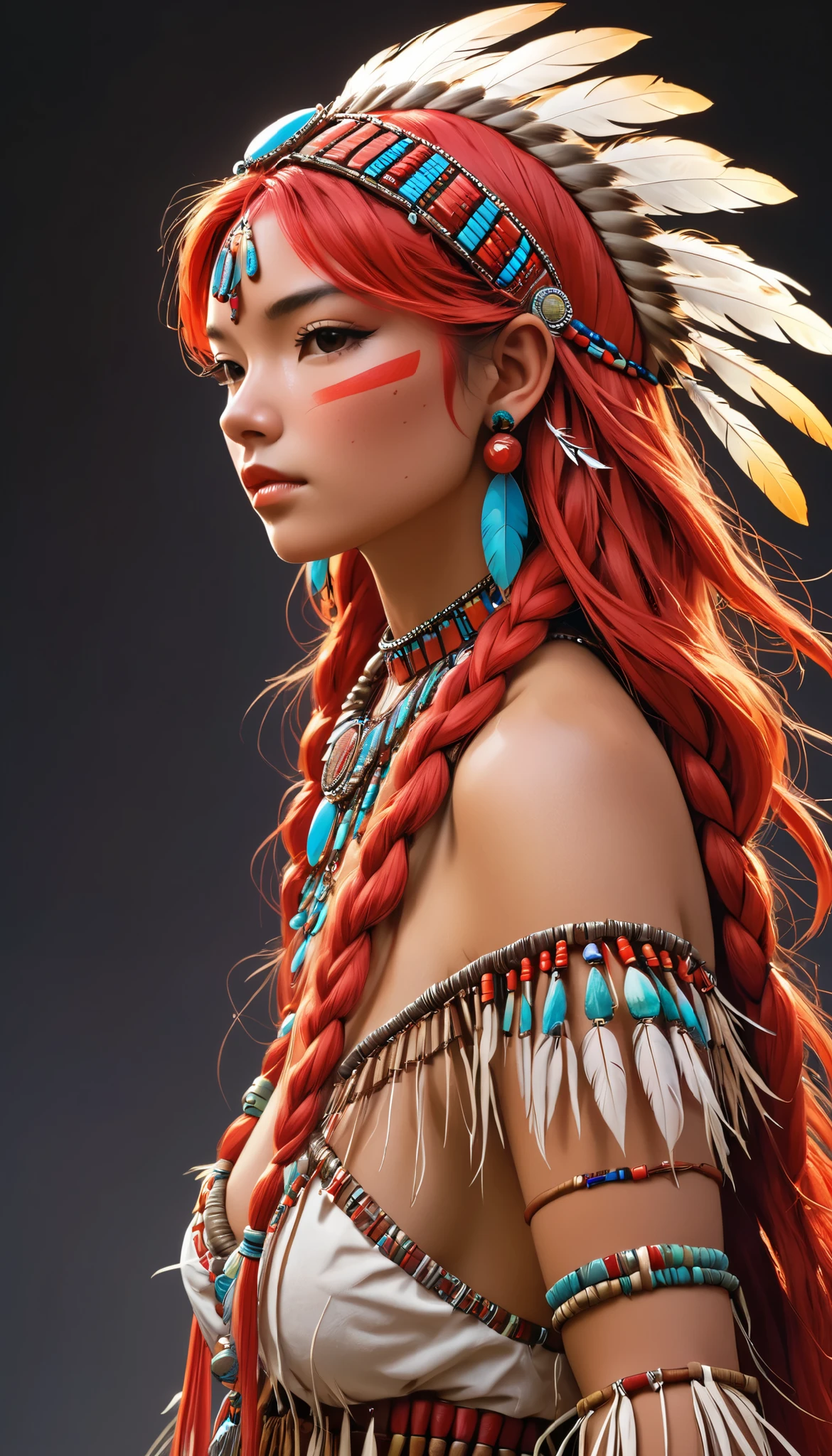One Girl ,profile、 Native American , A large, voluminous hair ornament with so many feathers,gem, necklace,Tribe,Head ornament, upper body red ,Pigments, braiding , upper body red ,Freckles 、 Big Breasts 、 One Girl in full growth, 最 High Quality , masterpiece, super detailed , High Quality , Perfect no se , highly detailed skins for your birthday, Warm skin tone , RAW photo, 最 High Quality , High Definition , style for stilets, analog style for stilets, illustrations, Professional photography, sharp concentration, High Definition , 8k resolution, delicate details without lighting, simple white background holding a razor、