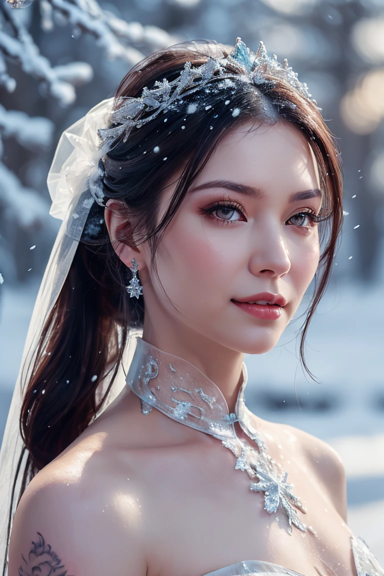 ((Waist shot)), (front view, Looking at viewer), dressed, (photo realistic:1.4), (hyper realistic:1.4), (realistic:1.3), (smoother lighting:1.05), (increase cinematic lighting quality:0.9), 32K, 1girl(Princess Elsa, extremely beautiful, Russian Supermodel), young 20yo girl, hair scarf, long ponytail, Sleek hair, realistic lighting, backlighting, light on face, ray trace, (brightening light:1.2), (Increase quality:1.4), (best quality real texture skin:1.4), finely detailed eyes, finely detailed face, finely quality eyes, (seductive and satisfied:0.0), extremely wet, ((full body ancient phoenix tattoo, extremely transparent white wedding Cheongsam, fully torn)), see through, listens to music with headphones, (Increase body line mood:1.1), (Increase skin texture beauty:1.1),
Generate hyper realistic image of a woman standing in the snow. She has long brown hair flowing over her shoulders, face veil, and her hair is pulled back in a ponytail. Her figure is athletic and curvy, with an hourglass shape. She smiles gently while looking directly at the viewer. Snow-covered trees form a scenic backdrop, with their branches heavy with snow. The sky is pale blue, with wispy clouds scattered across it. The ground is blanketed in fresh snow, creating a serene winter atmosphere, realistic art, wet body, sexy,