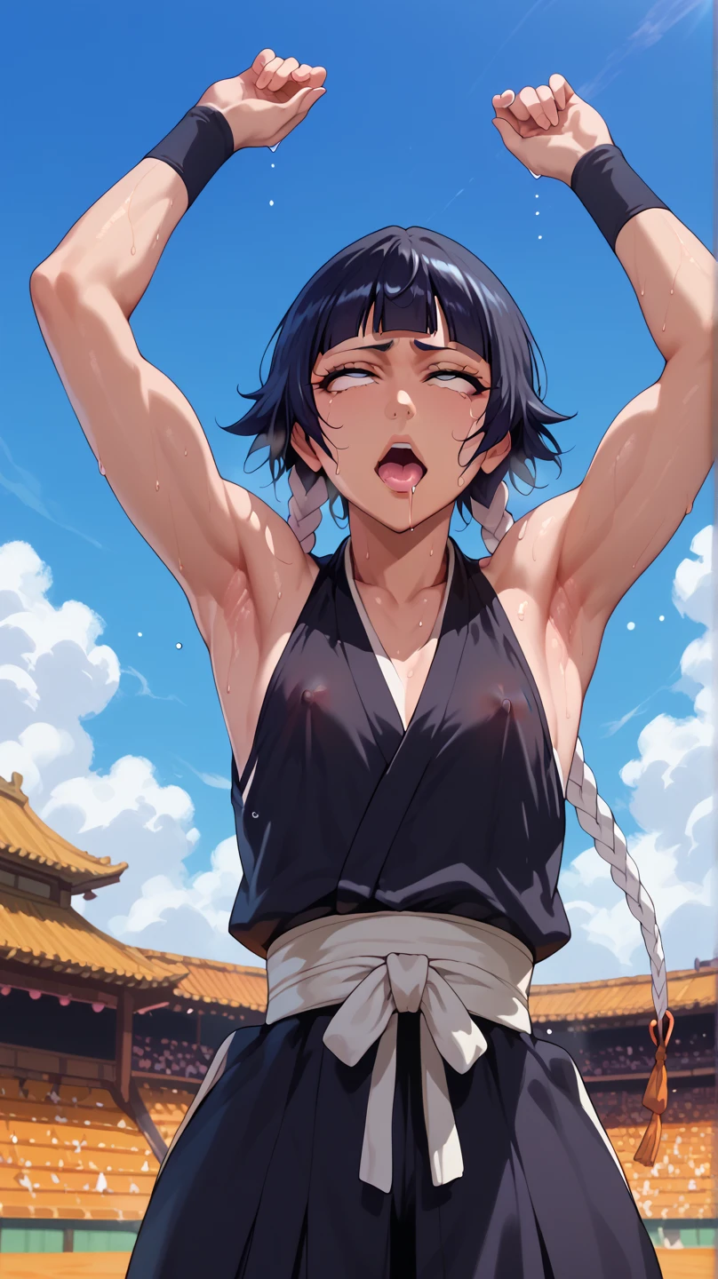 a picture, inspired by Kentaro Miura, trending on pixiv, soifon from bleach, black uniform, favorite scene, fine details, skins, sweating, small breasts, both hands raised, armpits, armpits visible, dripping with sweat, more more sweat, ((Japanese clothes)),open mouth,rolling eyes,muscle,kneel down,open legs,For the audience, (muscle:1.2),Looking at the audience, tired, (small breasts),sexy body,perfect body,(drooling), tears, head wet, runny nose, black hair, Nipple exposure. 