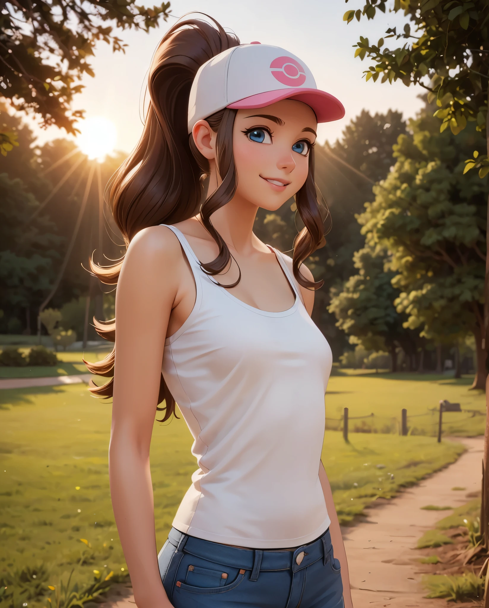 ((hilda)), ((Pokemon)), ((masterpiece)), ((high resolution)), ((solo portrait)), ((cute anime style)), {(attractive figure), (eccentuated curves), (brown hair), (long ponytail), (cute blue eyes), (small breasts), (cute smile)}, {(white tank top), (short jean shorts), (exposed pockets), (white baseball cap with pink brim)}, {(looking at viewer)}, ((plains)), ((park)), ((sun rays)), ((trees)), ((sunset))