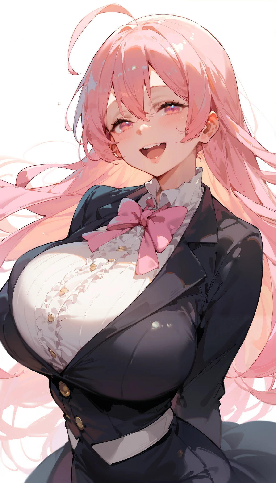 score_9_up, score_8_up, score_7_up, high quality, shaded, masterpiece, light blush, 1girl, pink hair, long hair, light pink eyes, huge breast, ahoge, hair between eyes, tuxedo, tight tuxedo, pink neck bow, smile, open mouth, top teeth only, standing, white background