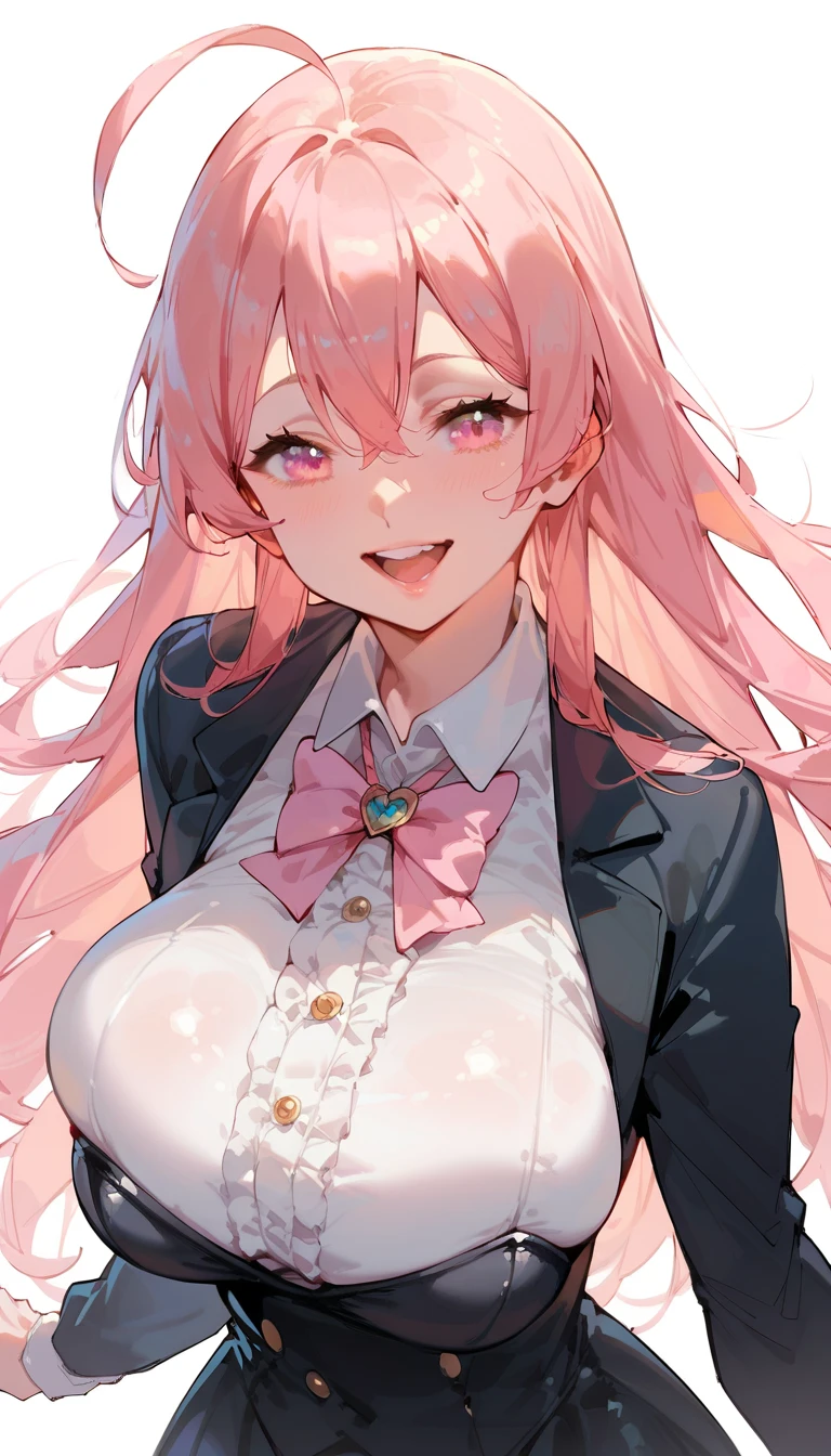 score_9_up, score_8_up, score_7_up, high quality, shaded, masterpiece, light blush, 1girl, pink hair, long hair, light pink eyes, huge breast, ahoge, hair between eyes, tuxedo, tight tuxedo, pink neck bow, smile, open mouth, top teeth only, standing, white background