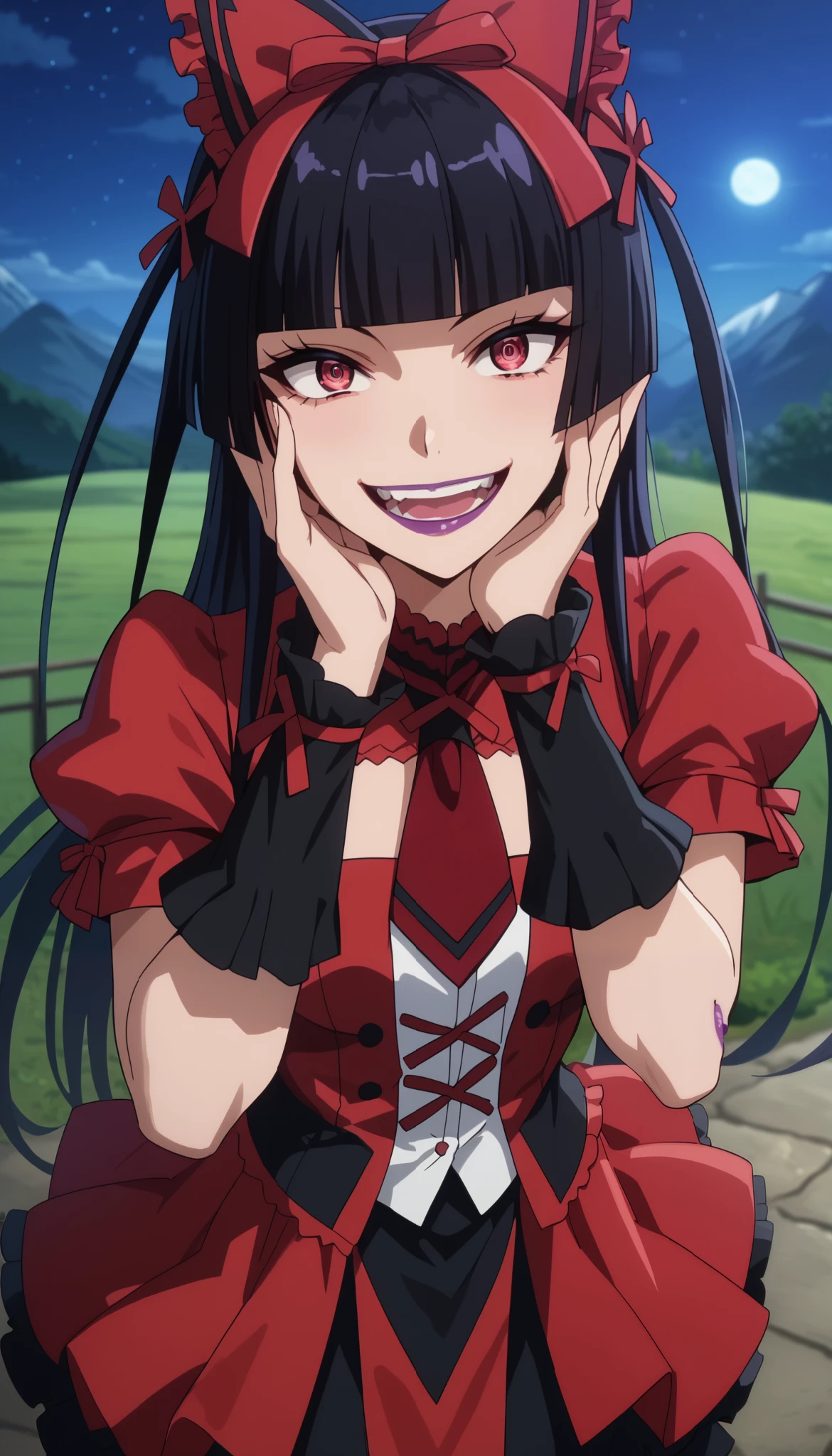 score_7_above, anime screencap,
RoryMercury ,
1 , (Yandere:1.1), crazy smile, crazy eyes, Open mouth,
long hair, black hair, red eyes , hime cut, short bangs, purple lipstick, Hair bow,
multicolo red dress , black dress, red dress , short puffy sleeves, red tie, black tights, arm warmers ,
head tilt , hands on your own face, standing, looking at the viewer ,
blurry background, night, night sky, lua, mountains , landscape