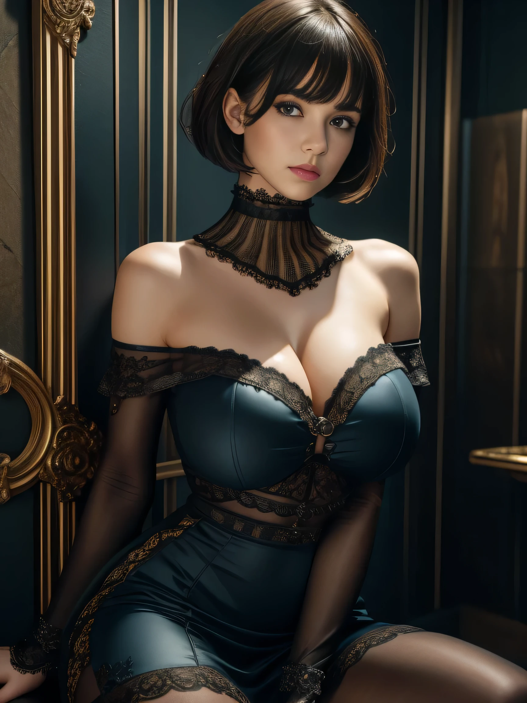 8K-quality, UHD, (HDR), RAW-photo, (Realistic:1.5), Subject is in the center of the frame, From head to thighs, (Looking at the viewer:1.3), Absolute masterpiece,
Elaborate off-shoulder dress that is depicted in ultra detail, Flashy color tights, Indoors, BDSM-room, Part of the wall is made of iron bars,
(Huge breasts:1.2), Full-make up, Lip-make up, Glossy skin, Bangs, Short wavy bob, Very beautiful woman, She's strong and intimidating