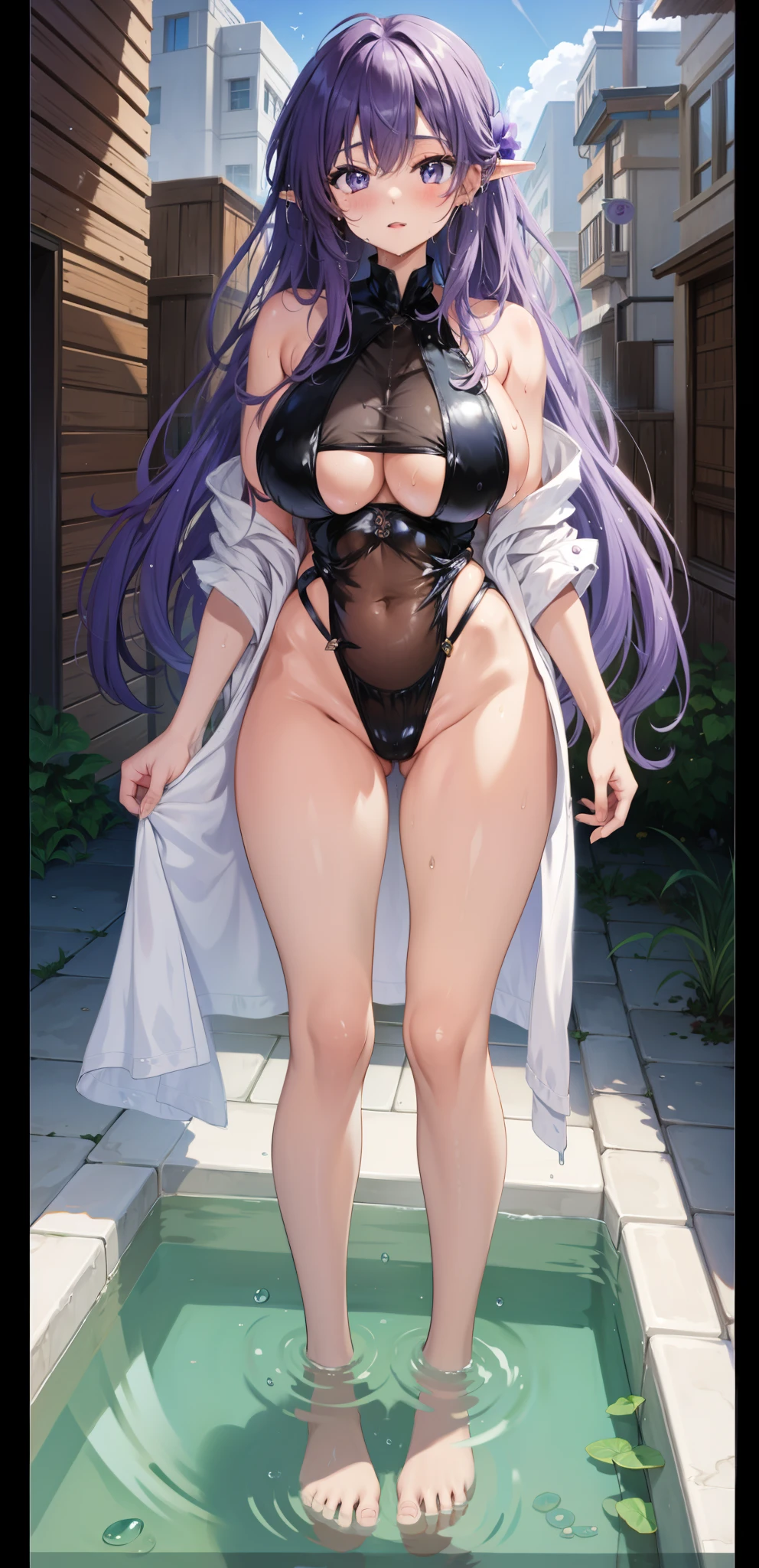 wife，  Big Breasts  ，exposed,    long hair，purple fairy ears，outcrop，纹胸，Big thighs ，wet，Water Drops。Aho,bath towel。Butterfly