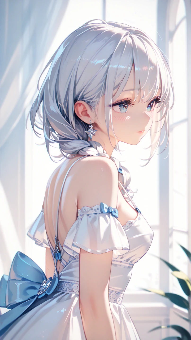 A beautiful anime-style girl with short silver hair and blue eyes, delicate facial features, soft blush on her cheeks, wearing a white off-shoulder dress with light blue ribbons, sitting in a sunlit room with soft natural lighting, detailed and intricate hairstyle with braids, stunning and sparkling eyes with star-like reflections, highly detailed and realistic illustration, soft shading, elegant and calming atmosphere　 nipples【show off nipple / nipple】
