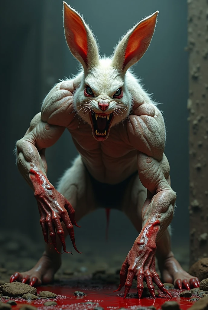 White rabbit, muscular, strong, angry, EATING scary alligator meat