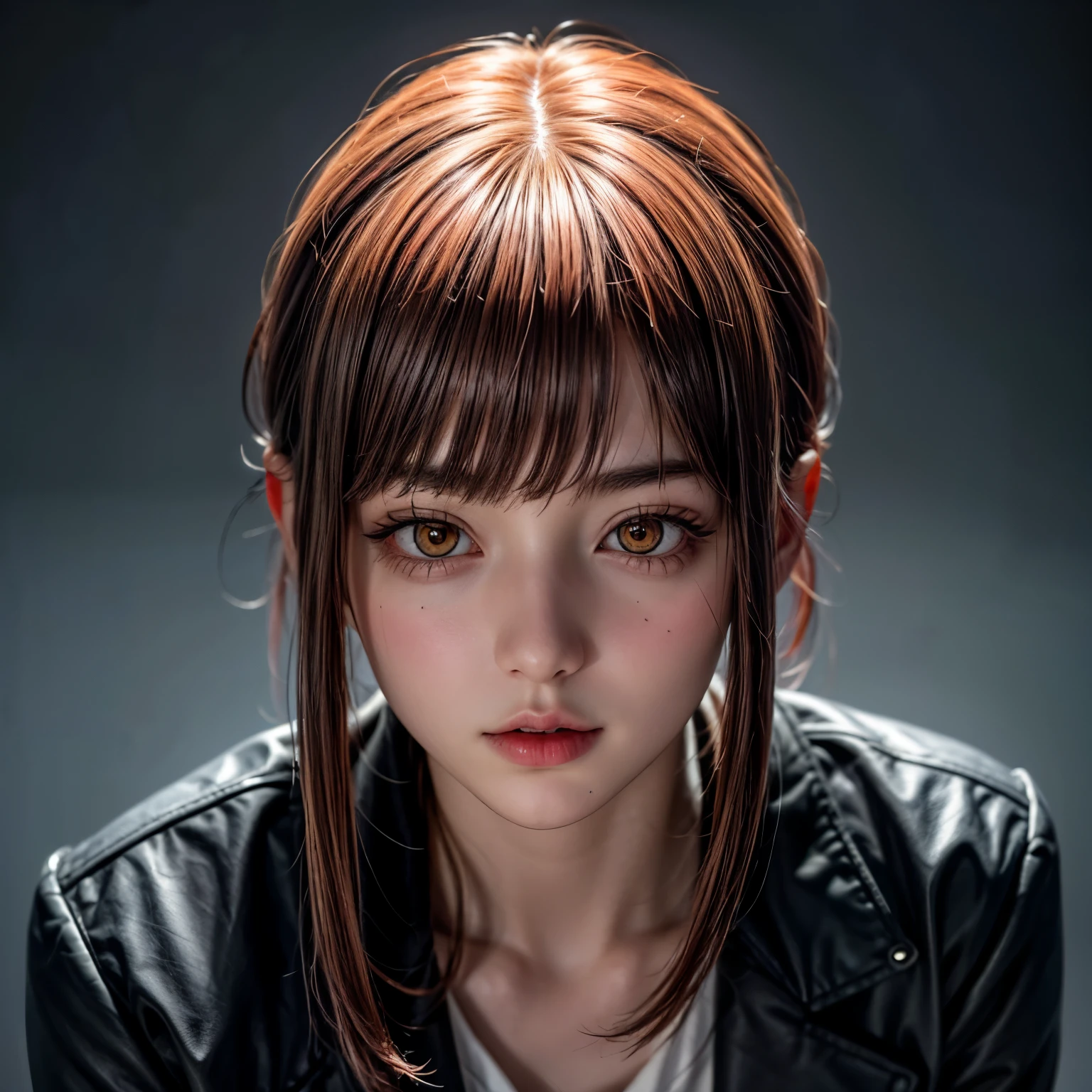 20-year-old girl、dark background、white shirt and black jas,  mesmerize、 cute woman, Elegant hairstyle、orange red hair color、Slightly shorter hair、orange eyes、scary face, look at the viewer、masterpiece、Best image、