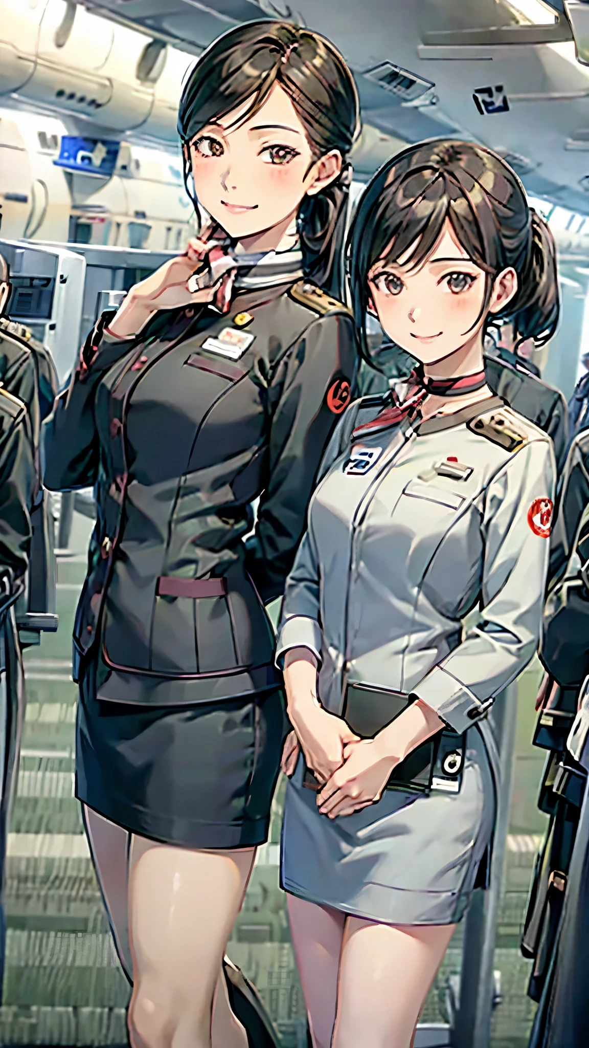 pilot, cabin crew, airport, boarding gate, uniform, professional, smiling, teamwork, airline, flight, terminal, modern design, signboard, departure, group photo, aviation, travel, airplane,miniskirt