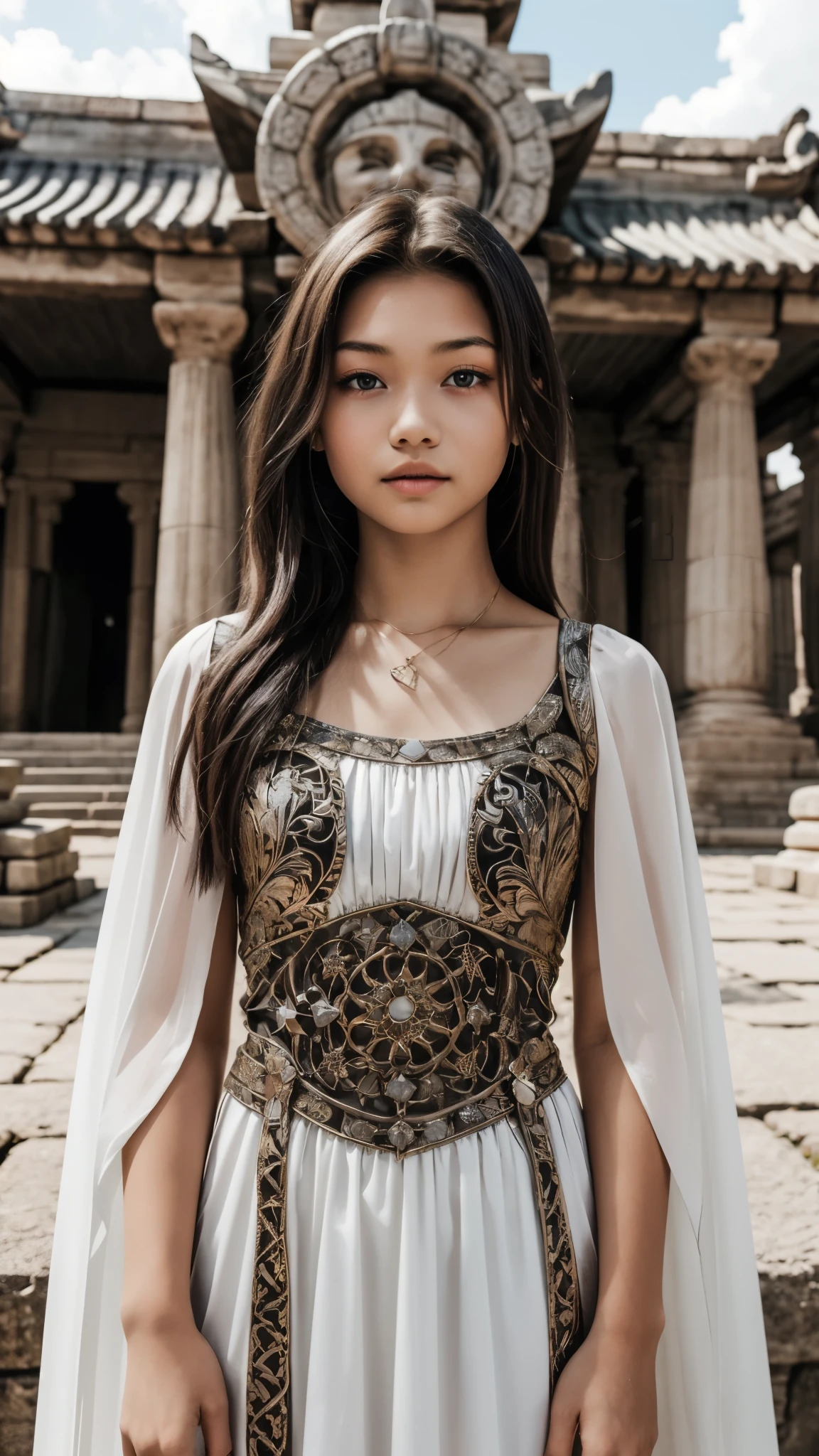 girl in the temple complex, BREAK, girl, long hair, looking at viewer, sexy revealing ethnic dress, (yo, cute:1.8), breasts, close-up shot, ancient monument complex, stone temple, (stupa), reliefs, carvings, cloud, white cosmos armor, fashion, ultra high resolution,