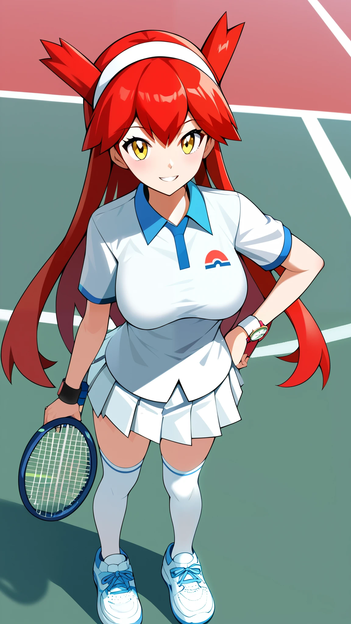 ( top quality )), ((masterpiece)), ( Details), 1girl, Red hair color,  long hair, Yellow Eyes,  tennis wear ,  white pleated miniskirt,  white knee-high stockings reflective on glass floors,  absolute domain, white lace up shoes ,  Tall,  ANIME COLORING BOOK,  Watch viewers, 1 Female, Age 18,  standing, whole body, Place one hand on hip,  slim figure,  sexy smile,  seductive smile, Outdoor,  tennis court in white, (\ Pokémon\),  score_9,  score_8_Excellent,  score_7_Excellent,  score_6_Excellent,  source_Anime,  cell shading ,  Flat Color , vector, Ample breasts, Two legs, two arms,
