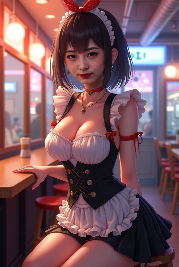 (masterpiece),Girl carrying drinks in restaurant outside,Pretty face,Adorable look,Put on your apron,Wearing short pants,breastsout:1.1,Enchanted foothills,Dynamic Pose,Restaurant outside in the background