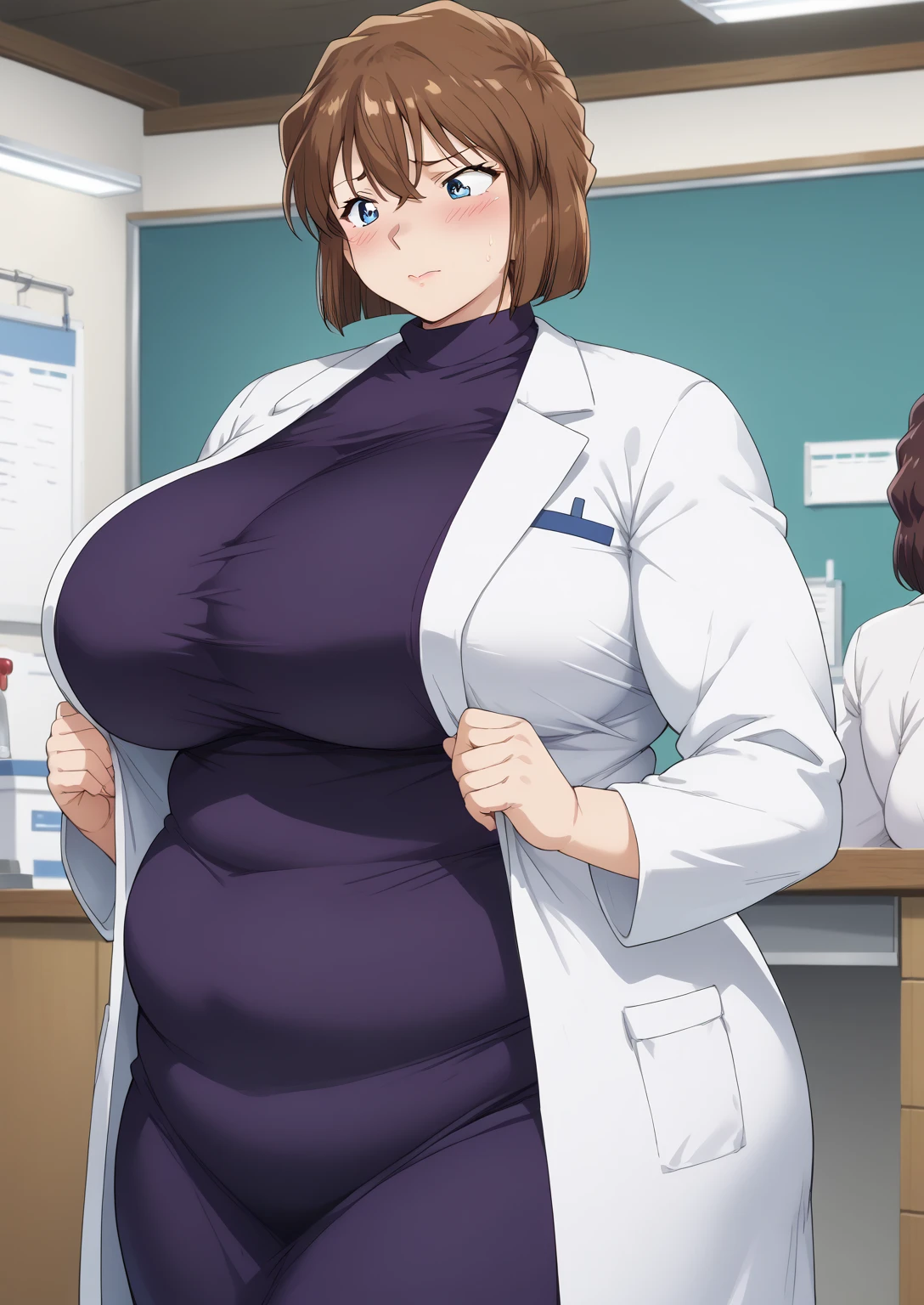 Shiho Miyano, Miyano Shiho, short hair,Brown Hair, blue eyes,hair between eyes,lab coat, Mulberry dress, long sleeve dress, mini skirt dress, score_9,   score_8_ up,   score_7_ up,   score_6_ up,   score_5_ up,   score_4_ up,     masterpiece   ,   top quality,     very aesthetic  ,    absurd,    source_Anime, Anime screencap,    one woman , Alone,   personal   ,  Super huge breasts, (((S uper huge クレビス, Super huge , Super huge boob))), Curvy,   in her 20s,  Mature Woman,   obese , ,  troubled expression,  ssbbw,  embarrassed expression