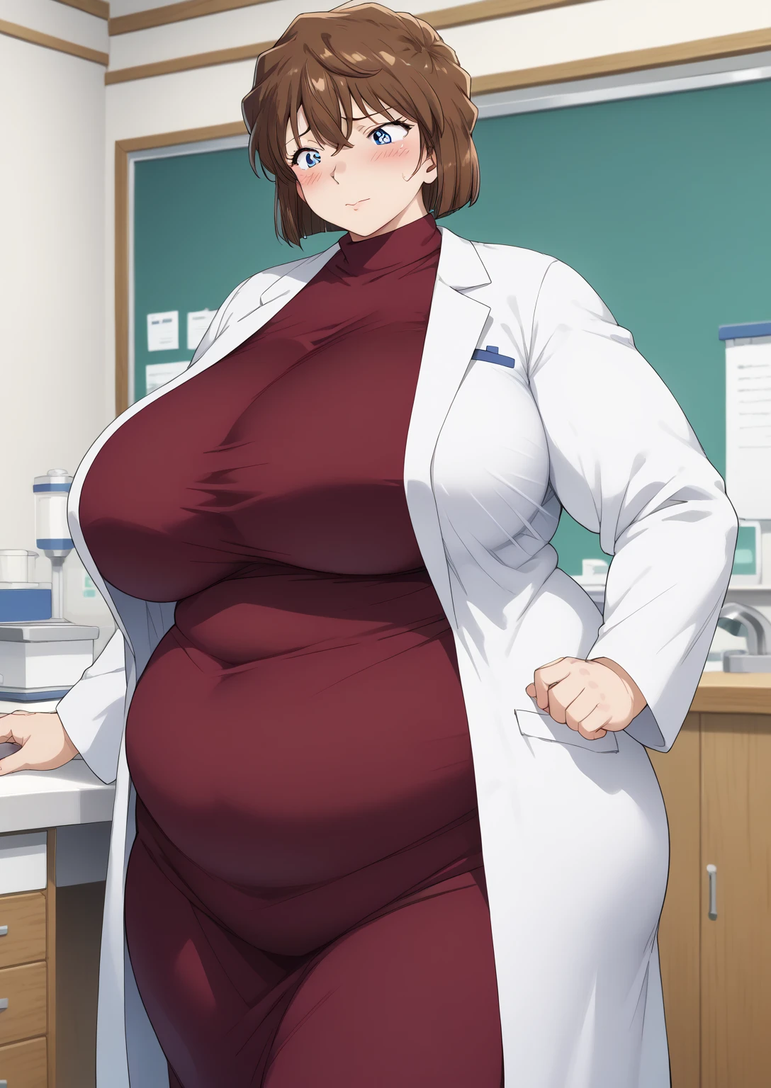 Shiho Miyano, Miyano Shiho, short hair,Brown Hair, blue eyes,hair between eyes,lab coat, rosewood dress, long sleeve dress, mini skirt dress, score_9,   score_8_ up,   score_7_ up,   score_6_ up,   score_5_ up,   score_4_ up,     masterpiece   ,   top quality,     very aesthetic  ,    absurd,    source_Anime, Anime screencap,    one woman , Alone,   personal   ,  Super huge breasts, (((S uper huge クレビス, Super huge , Super huge boob))), Curvy,   in her 20s,  Mature Woman,   obese , ,  troubled expression,  