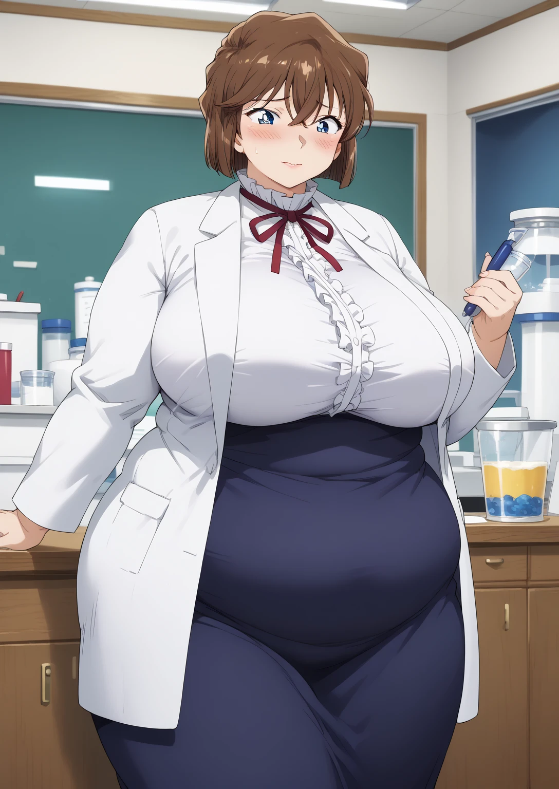 Shiho Miyano, Miyano Shiho, short hair,Brown Hair, blue eyes,hair between eyes,lab coat, Mulberry dress, long sleeve dress, mini skirt dress, score_9,   score_8_ up,   score_7_ up,   score_6_ up,   score_5_ up,   score_4_ up,     masterpiece   ,   top quality,     very aesthetic  ,    absurd,    source_Anime, Anime screencap,    one woman , Alone,   personal   ,  Super huge breasts, (((S uper huge クレビス, Super huge , Super huge boob))), Curvy,   in her 20s,  Mature Woman,   obese , ,  troubled expression,  ssbbw,  embarrassed expression