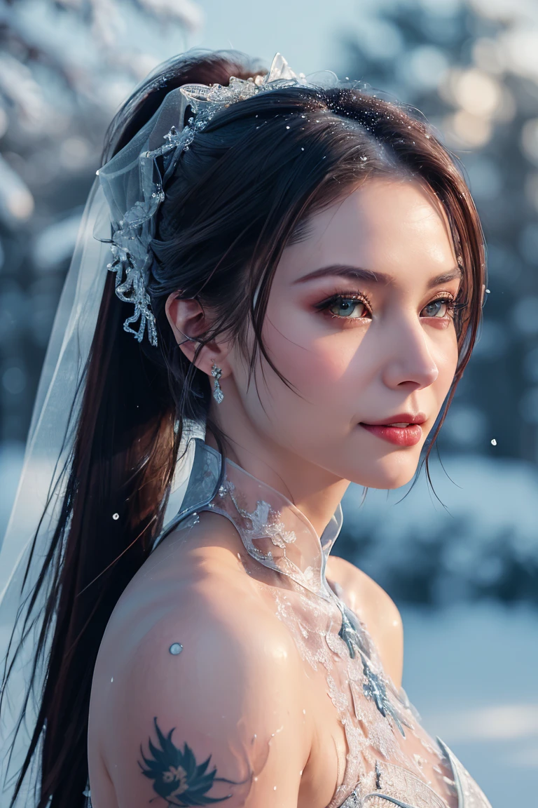 ((Waist shot)), (front view, Looking at viewer), dressed, (photo realistic:1.4), (hyper realistic:1.4), (realistic:1.3), (smoother lighting:1.05), (increase cinematic lighting quality:0.9), 32K, 1girl(Princess Elsa, extremely beautiful, Russian Supermodel), young 20yo girl, hair scarf, long ponytail, Sleek hair, realistic lighting, backlighting, light on face, ray trace, (brightening light:1.2), (Increase quality:1.4), (best quality real texture skin:1.4), finely detailed eyes, finely detailed face, finely quality eyes, (seductive and satisfied:0.0), extremely wet, ((full body ancient phoenix tattoo, extremely transparent white wedding Cheongsam, fully torn)), see through, listens to music with headphones, (Increase body line mood:1.1), (Increase skin texture beauty:1.1),
Generate hyper realistic image of a woman standing in the snow. She has long brown hair flowing over her shoulders, face veil, and her hair is pulled back in a ponytail. Her figure is athletic and curvy, with an hourglass shape. She smiles gently while looking directly at the viewer. Snow-covered trees form a scenic backdrop, with their branches heavy with snow. The sky is pale blue, with wispy clouds scattered across it. The ground is blanketed in fresh snow, creating a serene winter atmosphere, realistic art, wet body, sexy,