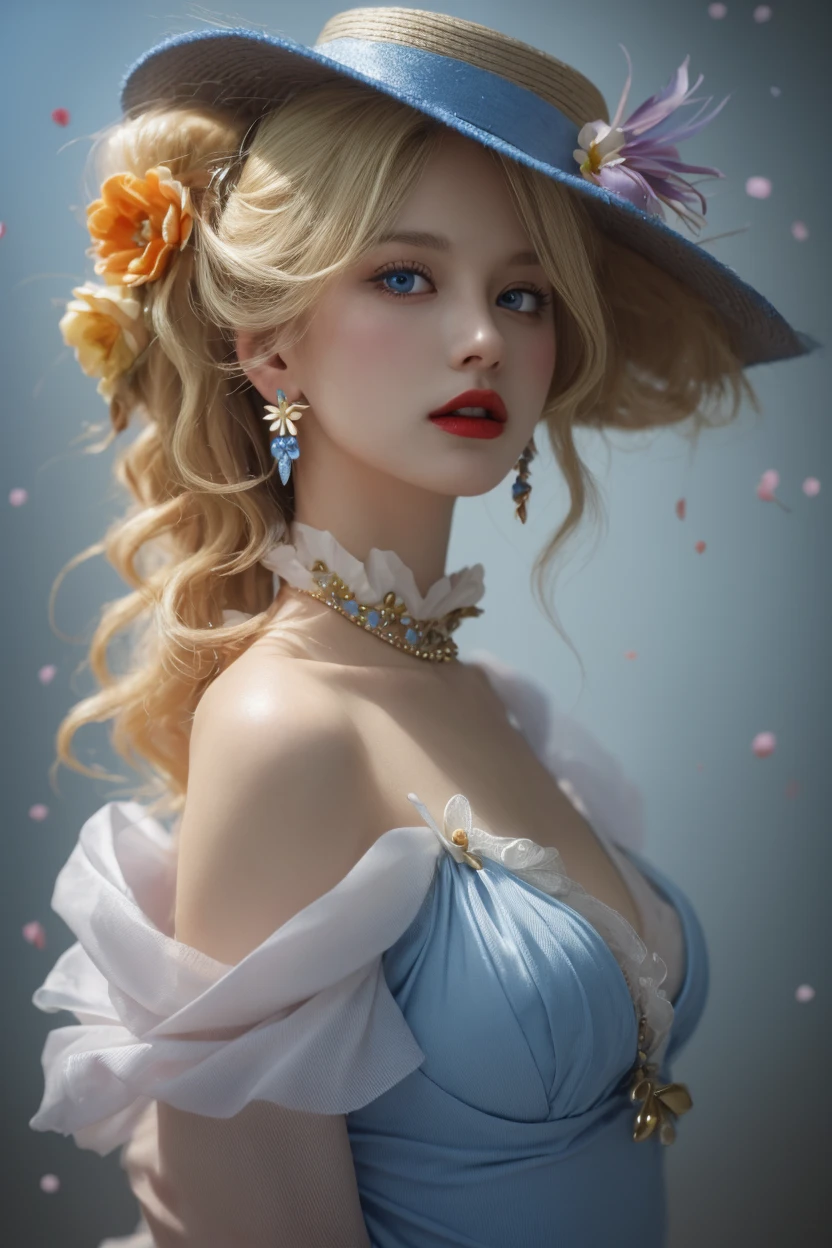Close-up of a woman with a bird on her head, Large Breasts，，Rococo queen, Rococo style portrait, Rococo portrait, # Rococo, Rococo cyberpunk, Rococo art style, Rococo art, Rococo fashion, Renaissance style, neo-Rococo expressionist style, Inspired by Jean-Marc Nattier, Renaissance style,(((Full and soft breasts,)))（（Huge breasts））((((Cleavage)))))) (Perfect curvy figure), 
