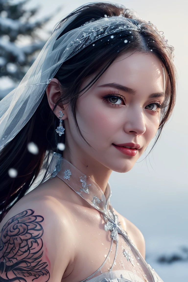 ((Waist shot)), (front view, Looking at viewer), dressed, (photo realistic:1.4), (hyper realistic:1.4), (realistic:1.3), (smoother lighting:1.05), (increase cinematic lighting quality:0.9), 32K, 1girl(Princess Elsa, extremely beautiful, Russian Supermodel), young 20yo girl, hair scarf, long ponytail, Sleek hair, realistic lighting, backlighting, light on face, ray trace, (brightening light:1.2), (Increase quality:1.4), (best quality real texture skin:1.4), finely detailed eyes, finely detailed face, finely quality eyes, (seductive and satisfied:0.0), extremely wet, ((full body ancient phoenix tattoo, extremely transparent white wedding Cheongsam, fully torn)), see through, listens to music with headphones, (Increase body line mood:1.1), (Increase skin texture beauty:1.1),
Generate hyper realistic image of a woman standing in the snow. She has long brown hair flowing over her shoulders, face veil, and her hair is pulled back in a ponytail. Her figure is athletic and curvy, with an hourglass shape. She smiles gently while looking directly at the viewer. Snow-covered trees form a scenic backdrop, with their branches heavy with snow. The sky is pale blue, with wispy clouds scattered across it. The ground is blanketed in fresh snow, creating a serene winter atmosphere, realistic art, wet body, sexy,