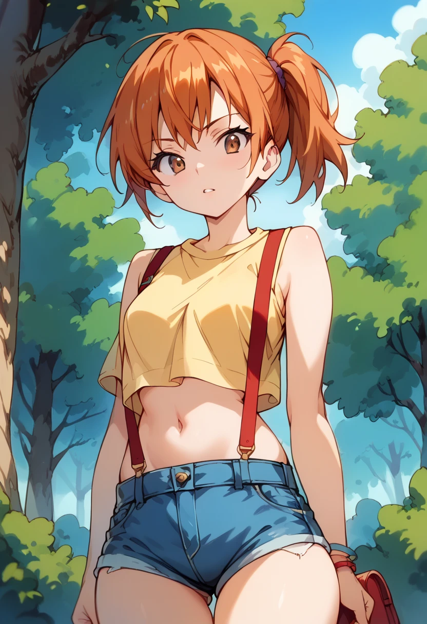 masterpiece, High Definition , top quality ,8k
(Misty,young,orange hair)
(Yellow sleeveless t-shirt,Belly button exposed, denim hotpants that span a tree,Red suspenders)