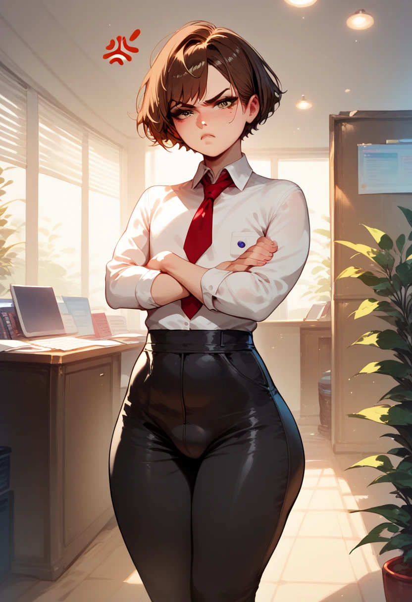 Femboy, short brown hair, big butt, black pants, office clothes, red tie, annoyed, crossed arms, looking at user, front view, living room, solo, 