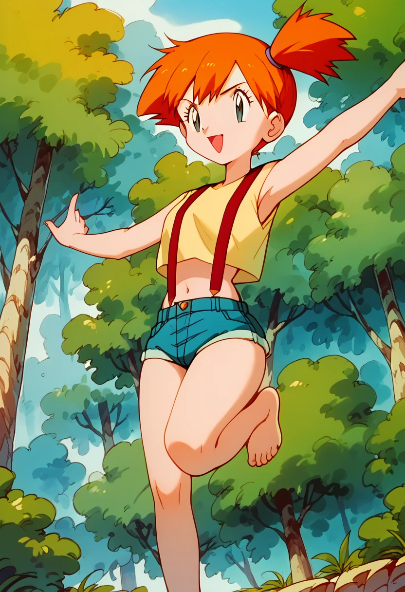 masterpiece, High Definition , top quality ,8k
(Misty,young,orange hair)
(Yellow sleeveless t-shirt,Belly button exposed, denim hotpants that span a tree,Red suspenders) Dynamic Poses, jumping 