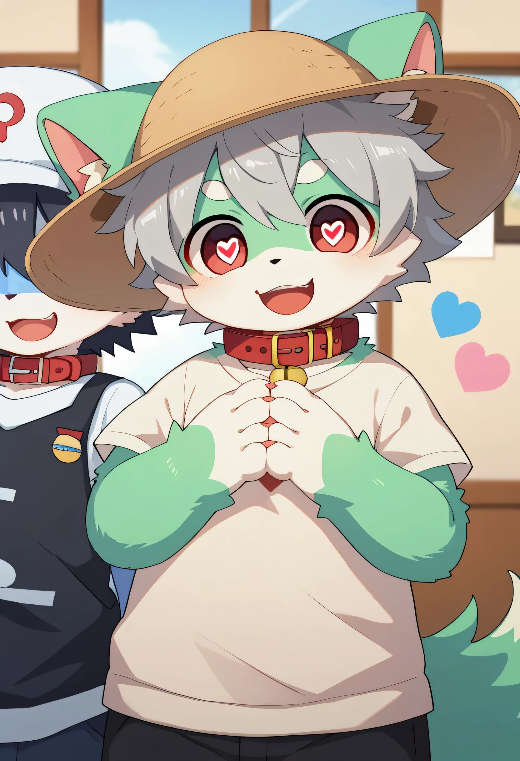   very detailed な,  very detailed ,  gray hair with blue fur  ,,male, looking at bones ,Heart Eye,participate,Red collar, green、white、 and colorful hat ,  cute face,  something like fluffy fur, excited,Horny boy,smile,  stylish room ,：cute poop  [in]： speaks in a sweet voice ,： acts cute to a male ,kitten,Dropped ears,Beautiful room,,Put your hands together ,Heart Eye,want,  white shorts,WHITE SHORT SLEEVE HOODIE  