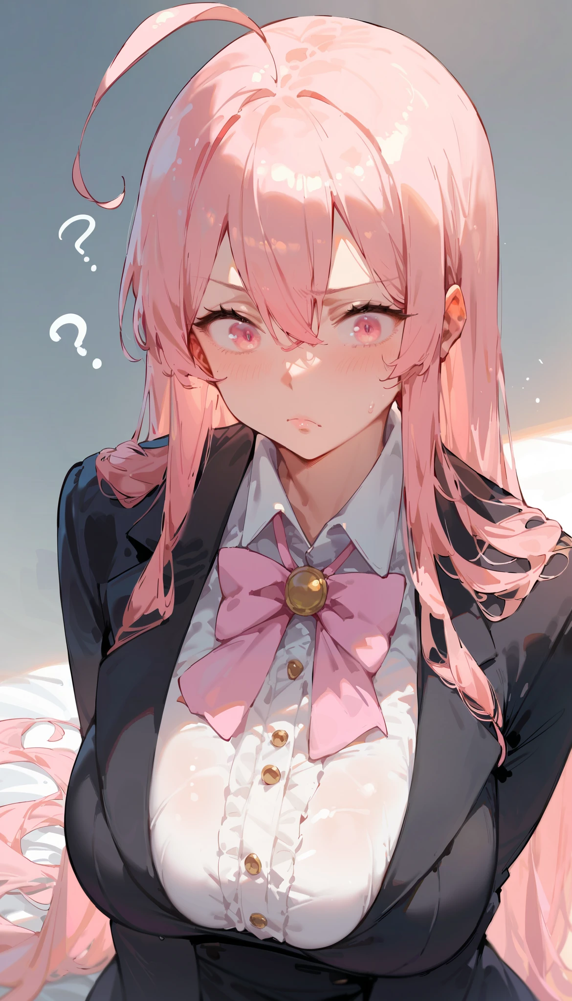 score_9_up, score_8_up, score_7_up, high quality, shaded, masterpiece, light blush, 1girl, pink hair, long hair, light pink eyes, huge breast, ahoge, hair between eyes, tuxedo, tight tuxedo, pink neck bow, leaning corward, closed mouth, confused