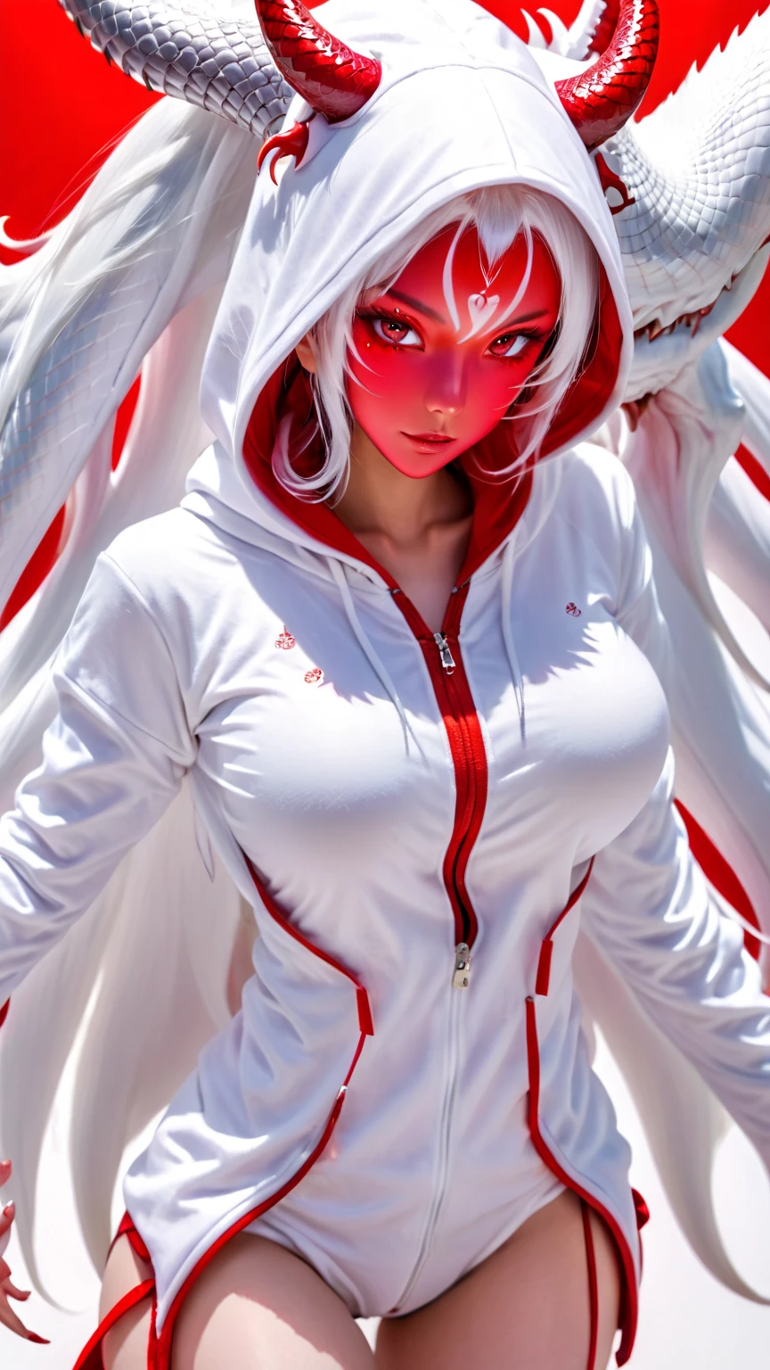 Sexy anime style girl, having a sexy figure, red horns on four forehead, white hairs, red eyes, having dragon like tail, wearing a white dragon hoodie, zip is open, bra is showing out, large breasts, showing sexy figure, wearing white panties, bending down towards the viewer, bending towards viewer, one eye is covered by hairs, simple white background.