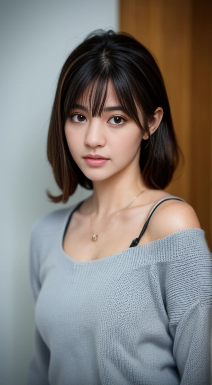 best quality, ultra high res, (photorealistic:1.4), 1girl, off-shoulder white shirt, black tight skirt, black choker, (faded ash gray hair:1), (huge breasts:1.2), looking at viewer, closeup ,