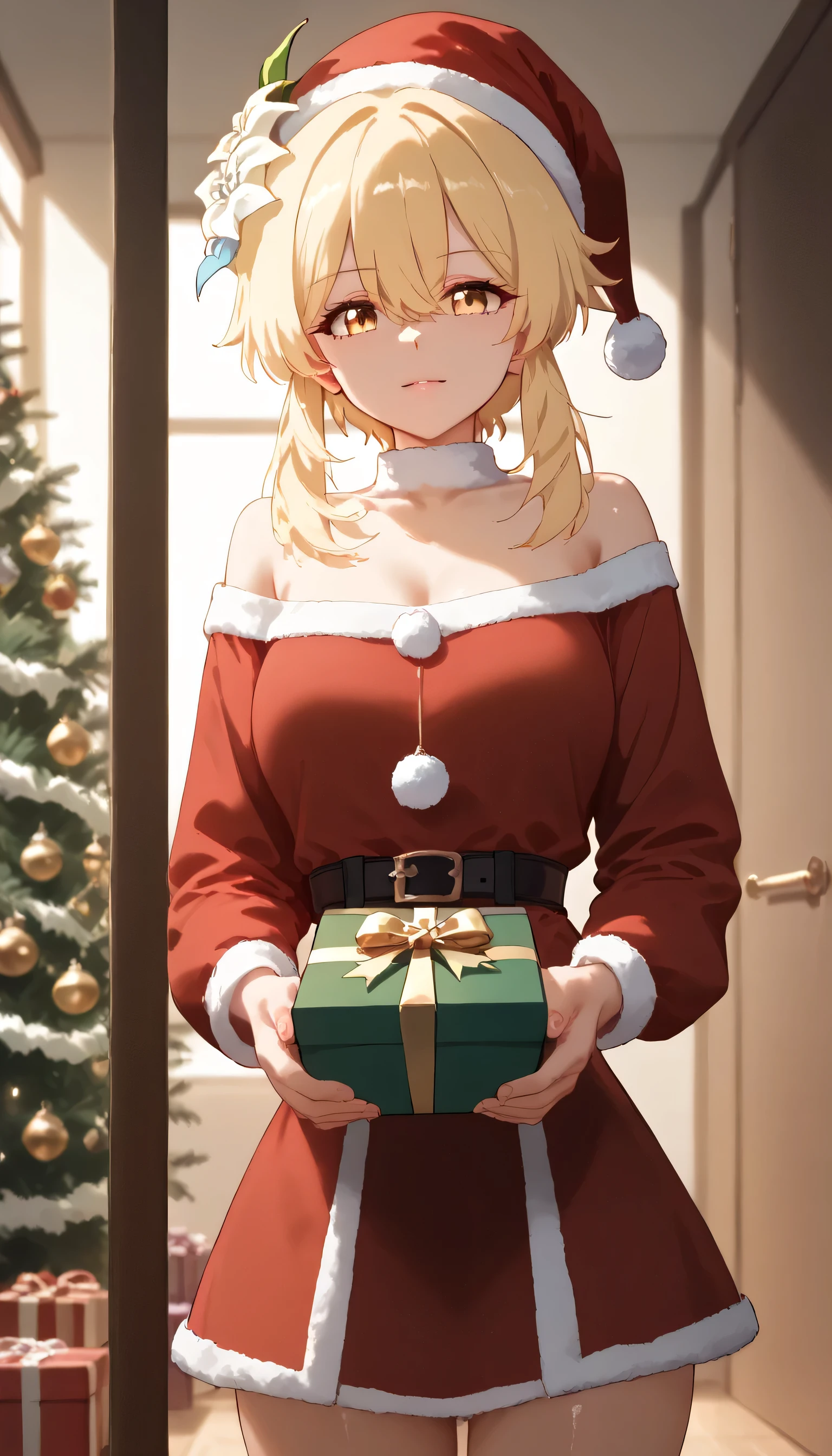 score_9,score_8_up,score_7_up, shiny skin, solo, 1girl, lumine, genshin impact lumine, bangs, blonde hair, hair ornament, blunt bangs, hair between eyes, yellow eyes, flower, hair flower, feather hair ornament, cowboy shot, christmas, santa clause outfit, santa hat, christmas vibe, christmas tree, in door, living room, bonfire, holding a gift, gift box