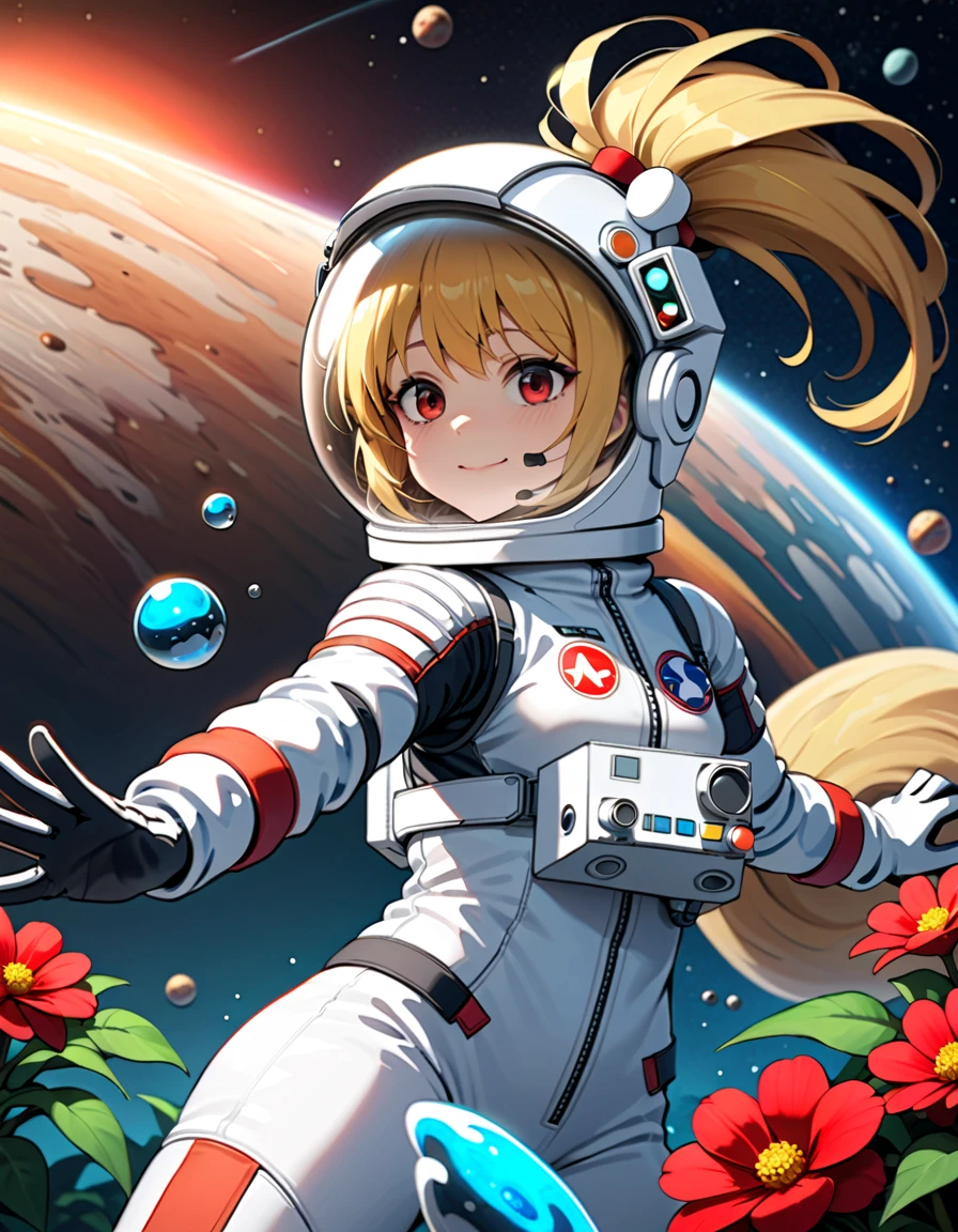 (Space suit:1.15),   White Sweatpants   , astronaut)bubble helmet, space helmet, Gloves ,  looking closely at you   , Outer Space, floating, masterpiece,   Top quality  , 1girl, beautiful,  solo   ,Flower N  ,   Flanders Scarlet, change, Small, Slim, child,young,younger female, (blond:1.2),   Side ponytail  , red eyes, hair bow,   Red Bow,  hair between the eyes,   Longitudinal pupil  , white tiara,difficulty breathing, Smile, wave, whole body