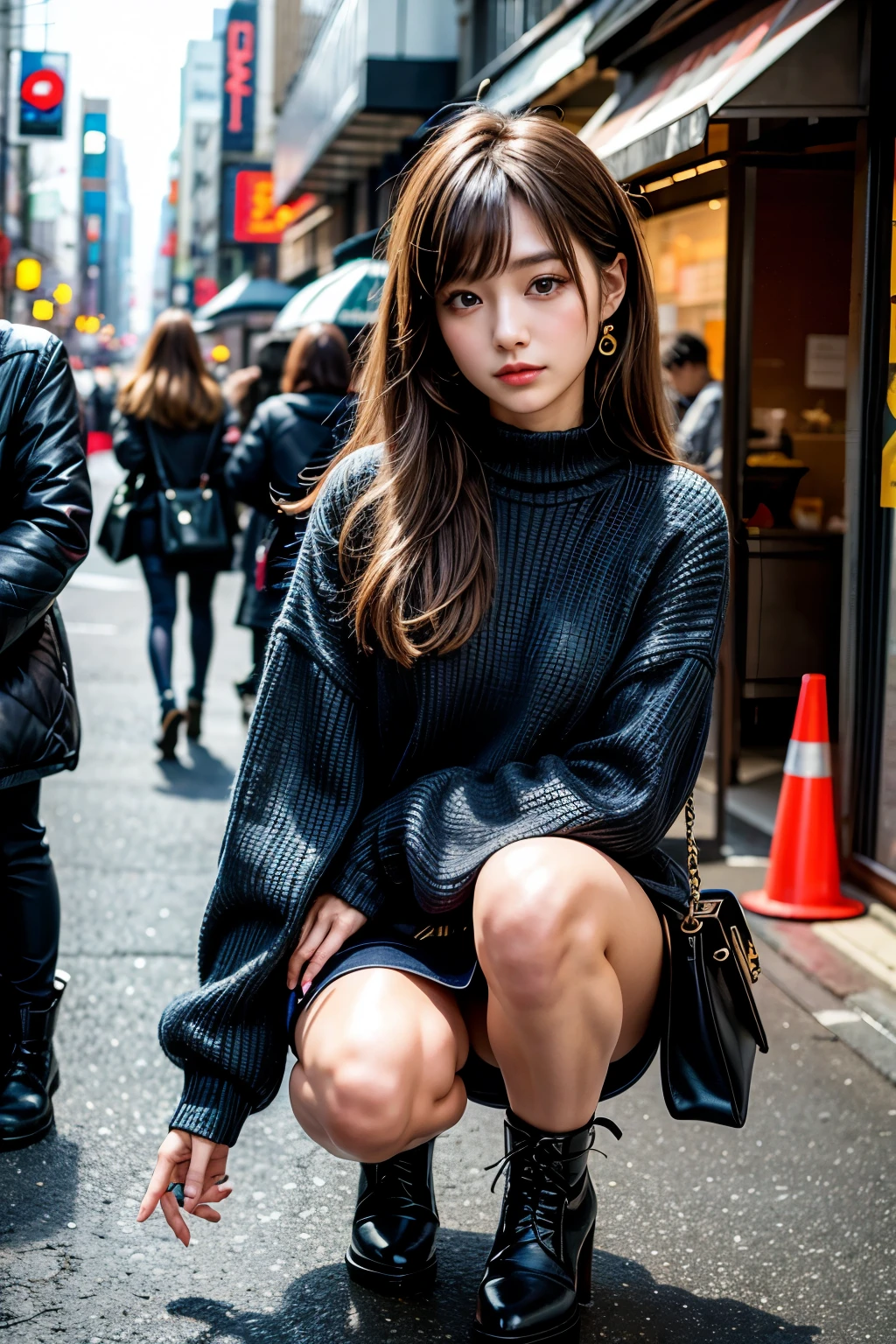 1 girl comes in、(มองsee viewers)、(Bokeh:1.1)、Chapped lips、deadpan、realistically、tights、skirt by、sky line、realistically、アップskirt by、skirt byリフト、Highest quality、Masterpiece:1.3、high resolution、view from below:1.25 、Up close in no panties, pussy clearly visible、ashamed look、The background is a night view.、(see viewers:1.3)、(Beautiful face:1.2)