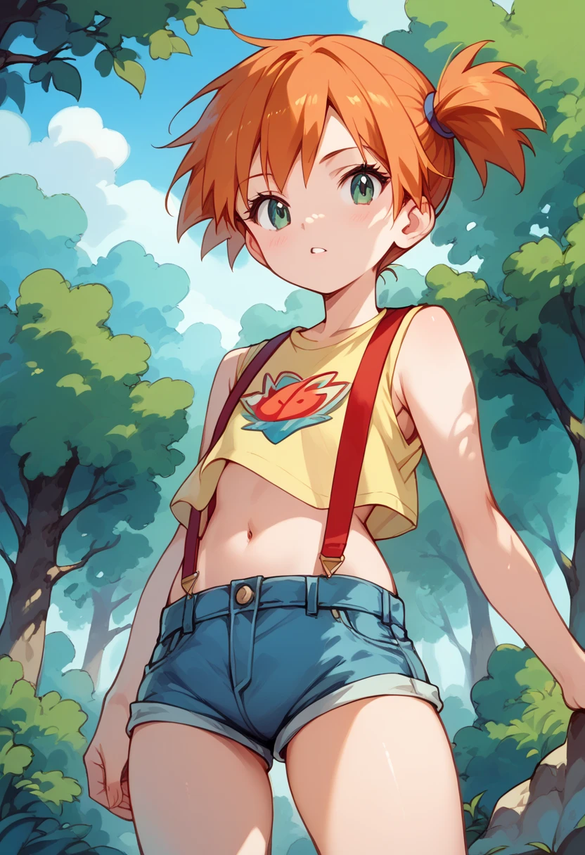 masterpiece, High Definition , top quality ,8k
(Misty,young,orange hair)
(Yellow sleeveless t-shirt,Belly button exposed, denim hotpants that span a tree,Red suspenders)