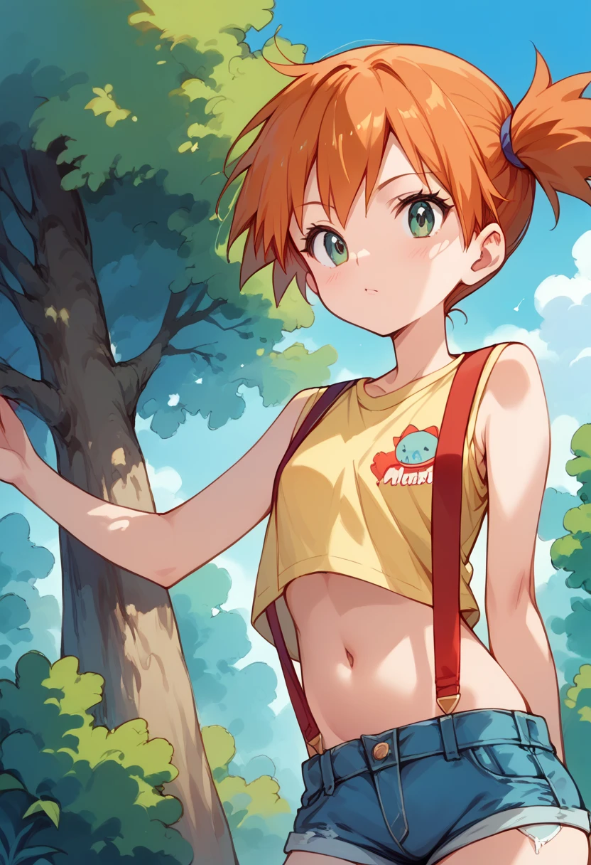 masterpiece, High Definition , top quality ,8k
(Misty,young,orange hair)
(Yellow sleeveless t-shirt,Belly button exposed, denim hotpants that span a tree,Red suspenders)