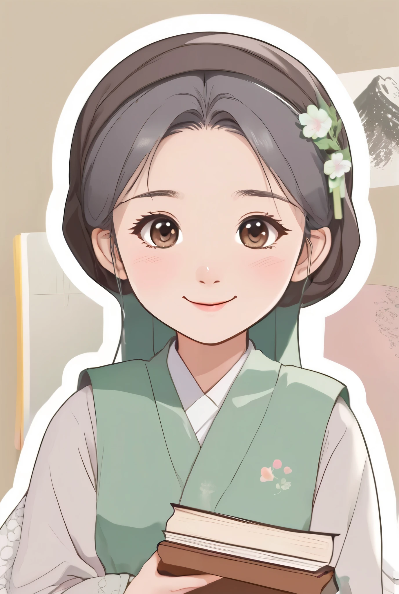  Create a sticker image with details  : Young girl wearing hijab,  wearing a pastel green dress ,  make the eye part bigger , warm smile , blushing cheeks,  smiling facing forward ,  surrounded by stationery and books,  japanese anime drawing style , no gradient  