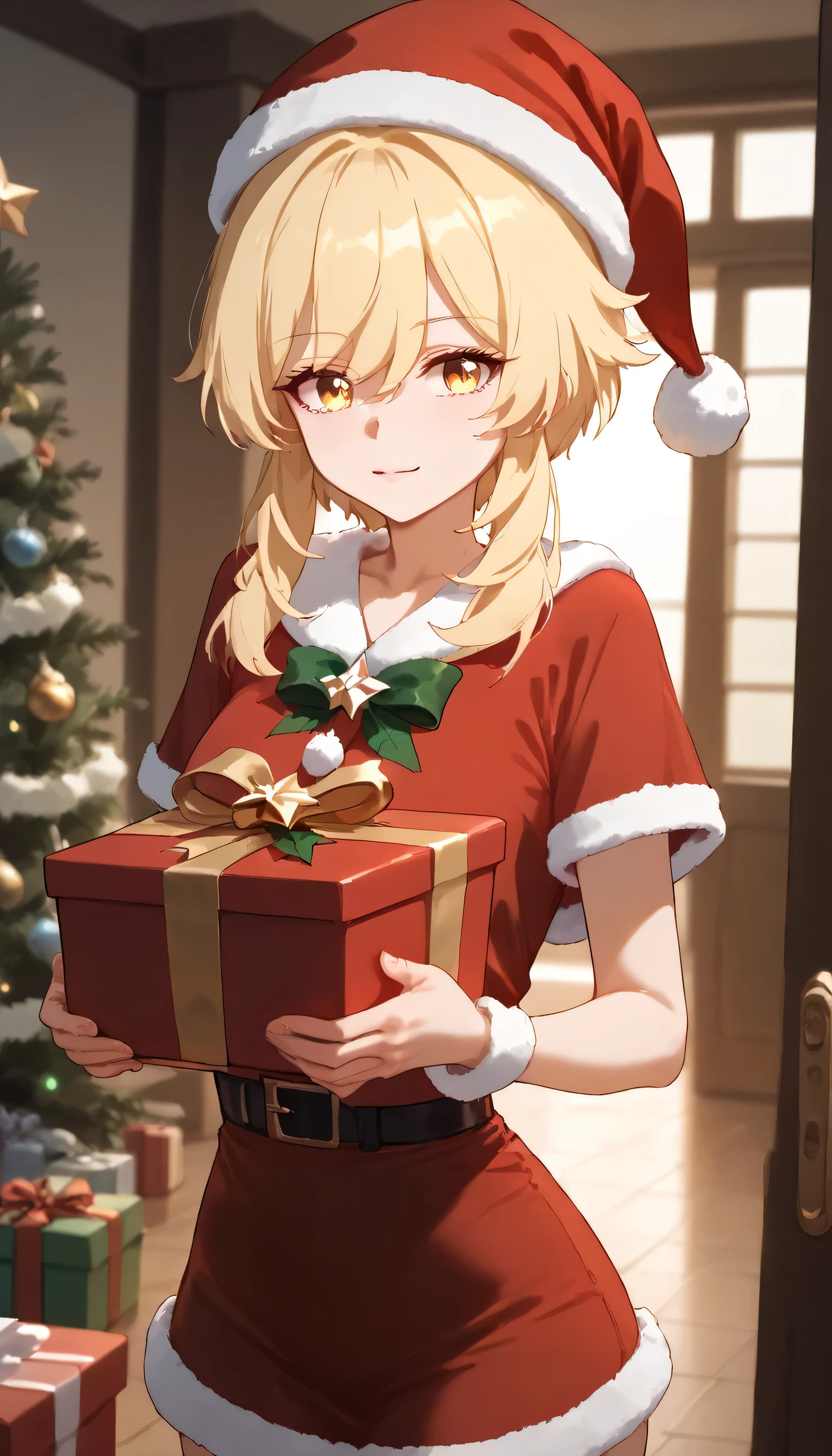 score_9,score_8_up,score_7_up, shiny skin, solo, 1girl, lumine, genshin impact lumine, bangs, blonde hair, hair ornament, blunt bangs, hair between eyes, yellow eyes, flower, hair flower, feather hair ornament, cowboy shot, christmas, santa clause outfit, santa hat, christmas vibe, christmas tree, in door, living room, bonfire, holding a gift, gift box, night christmas