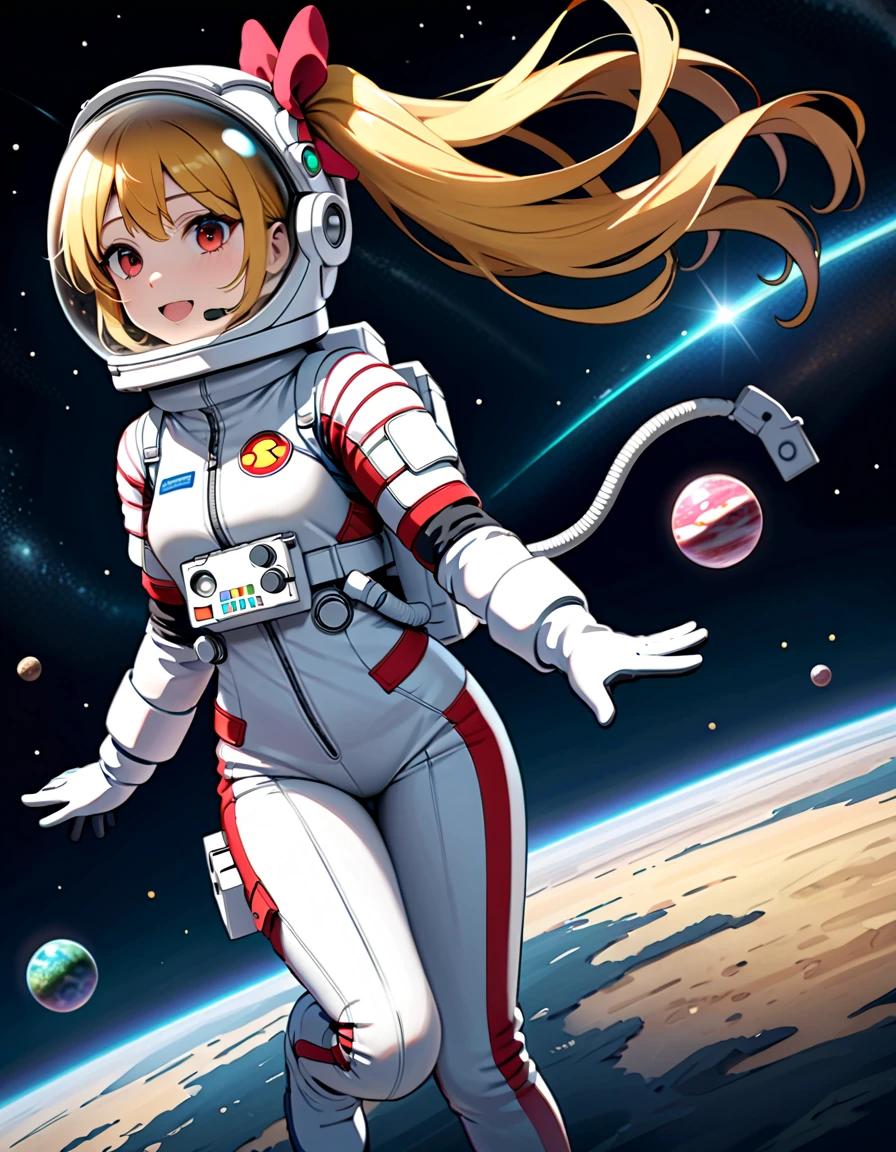 (Space suit:1.15),   White Sweatpants   , astronaut)bubble helmet, space helmet, Gloves ,  looking closely at you   , Outer Space, floating, masterpiece,   Top quality  , 1girl, beautiful,  solo   ,Flower N  ,   Flanders Scarlet, change, Small, Slim, child,young,younger female, (blond:1.2),   Side ponytail  , red eyes, hair bow,   Red Bow,  hair between the eyes,   Longitudinal pupil  , white tiara,difficulty breathing, Smile, wave, whole body