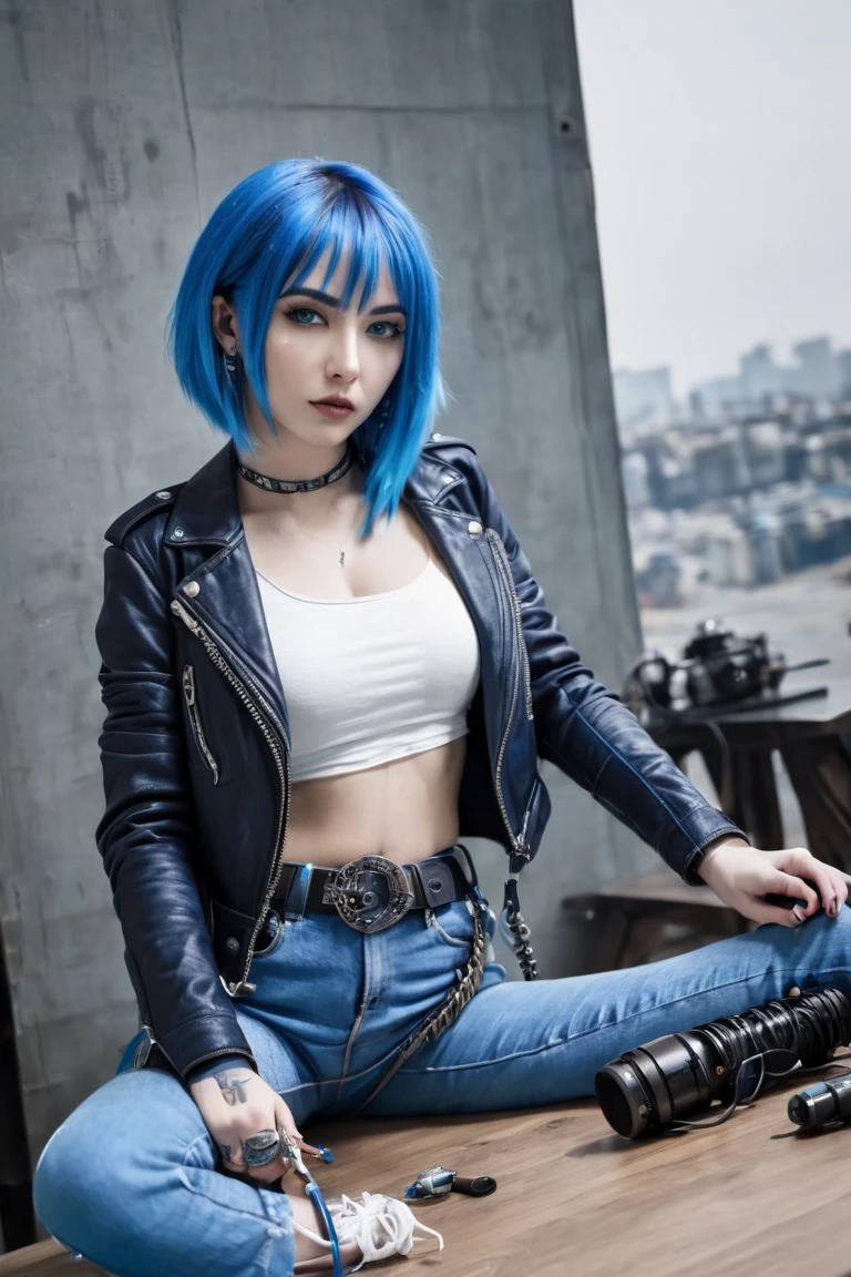 Blue Hair、 bob cut、 blue eyes、Bra wrapped around a thick cord with a plug、 leather jacket,Pistol in hand、 skinny jeans on the table, black sneakers 、