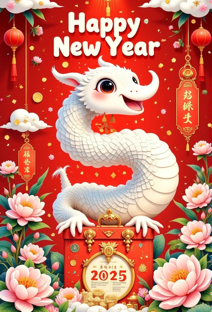 Cute Chinese snake with red gift boxes and calendar, golden text "Happy New Year 2025", light yellow plum blossoms, cartoon style, red background, New Year's atmosphere, graphic design poster art, bold lines, high-contrast shadows,  high resolution, super details, 8K