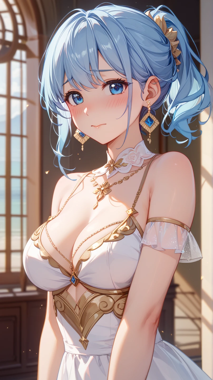 4K quality、 High Quality 、 high definition、 detailed details、Beautiful woman、20-year-old woman、 light blue hair 、 short ponytail 、((long sideloks 、 The Last Minor))、 big eyes、 blue eyes、輝く瞳、 textured skin、 slender 、 long white dress 、 tight dress、 shiny dress 、Beautiful gold embroidery 、Fits your body、 transparent fabric 、 sparkling earrings 、 standing、front、 from before、blush、Embarrassed、NSFW、
