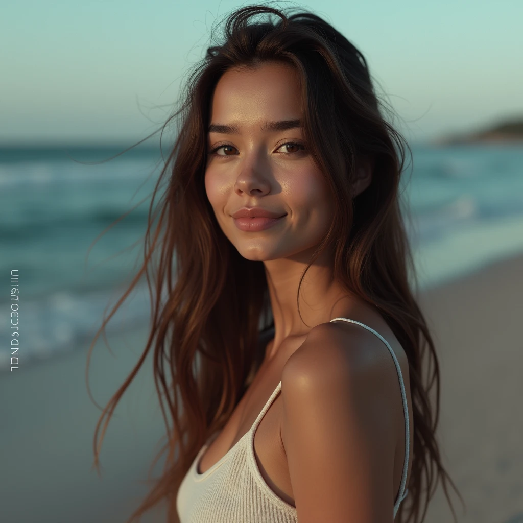 Create a hyper-realistic and detailed image of a digital influencer in the described context.... A young woman, Very feminine, With delicate, Symmetrical, and an incredibly beautiful face. Her eyes should be piercing light brown..., And she is'straight-on, black hair gently falls on her shoulders. She is dressed in elegant, minimalist running outfit. She serenely walks along the promenade near the beach., on a gentle background, charming sunset, casting soft orange and pink hues across the landscape. Her gaze is calm and captivating, and her tender, a gentle smile seems to invite you to a friendly conversation. The facial expression must be masterfully sculpted.., induce a feeling of peace and confidence.. soft-lighting, coming from the direction of sunset, giving the skin a slight glow and highlighting facial features with golden light.. Camera angle: Slightly tilted upward, giving it greatness, but accessible look. The image style should be inspired by the portrait technique of photographer Annie Leibovitz..., with modern, fresh twist. postprocessed: give the skin a slight smoothness and highlight the eyes, which will become alluring windows into the soul..