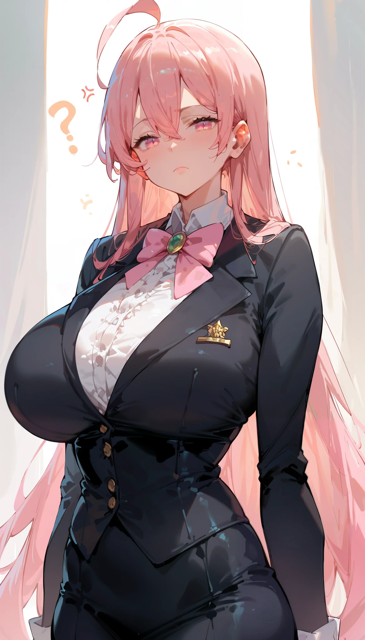 score_9_up, score_8_up, score_7_up, high quality, shaded, masterpiece, light blush, 1girl, pink hair, long hair, light pink eyes, huge breast, ahoge, hair between eyes, tuxedo, tight tuxedo, pink neck bow, leaning corward, closed mouth, confused, looking at viewer, standing