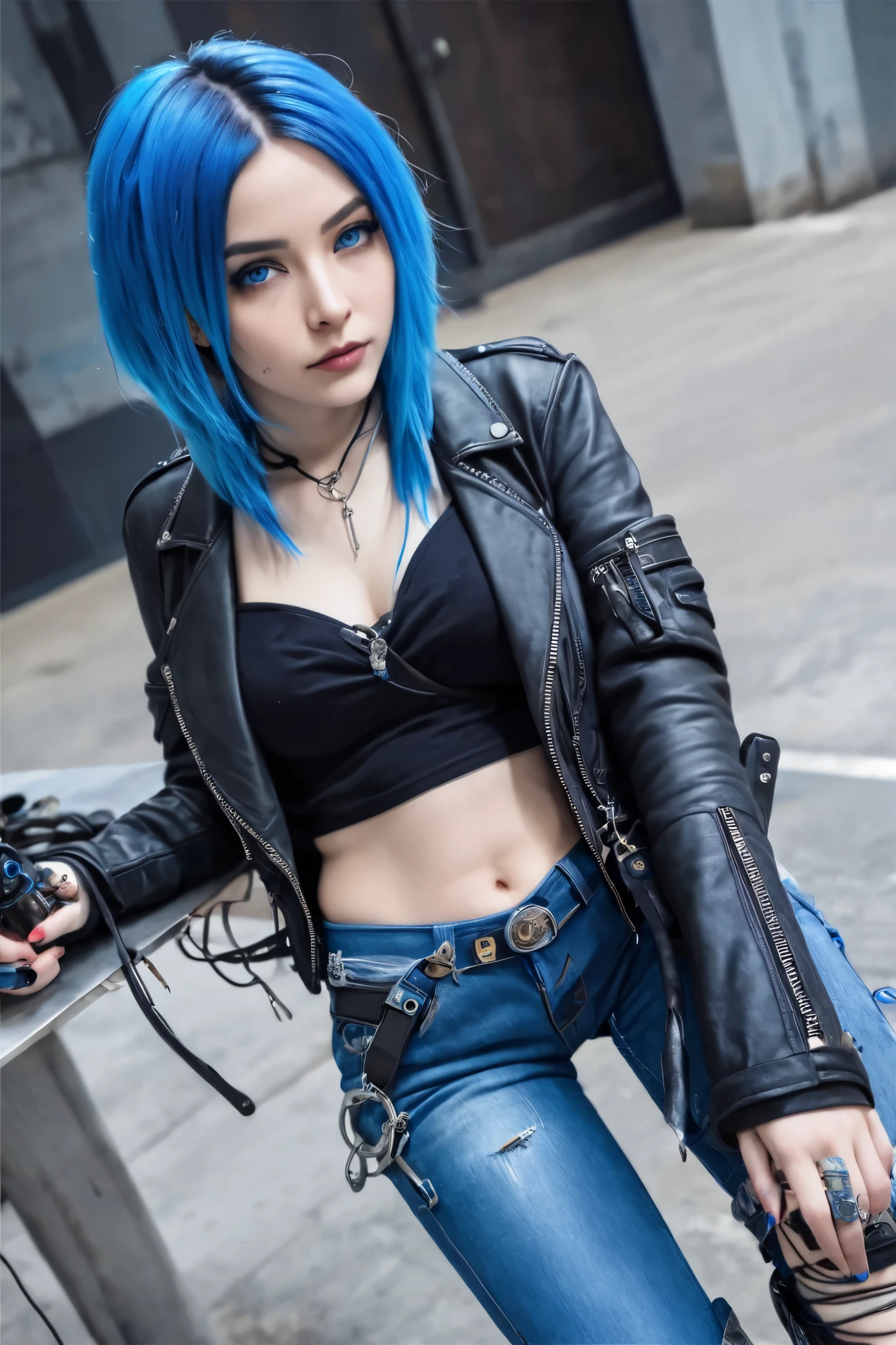 Blue Hair、 bob cut、 blue eyes、Bra wrapped around a thick cord with a plug、 leather jacket,Pistol in hand、 skinny jeans on the table, black sneakers 、