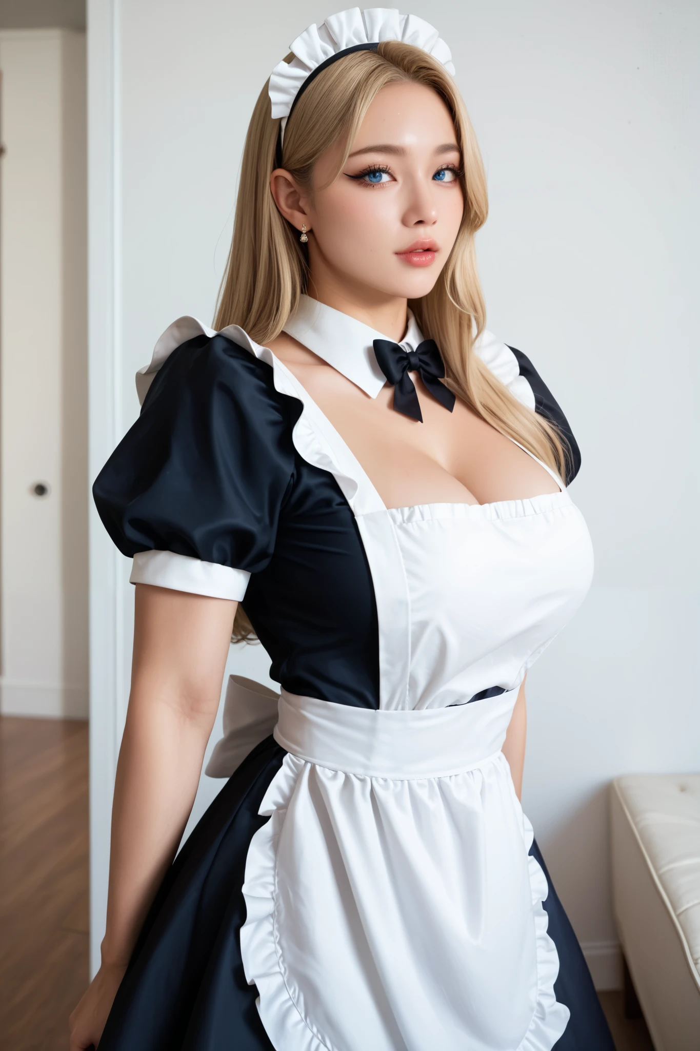 (french maid outfit:1.3), 1 girl, (hour glass figure:1.2), (wide hips:1.1), cleavage, (preteen:1.65), (platinum blonde hair:1.4), (smokey eye makeup:1), (blue eyes:1), (hair pulled back:1.3), wavy hair, (huge eyes:1.1), thicc, (massive cleavage:1.3), (mansion study scenery:1), (Thick thighs:1.4)