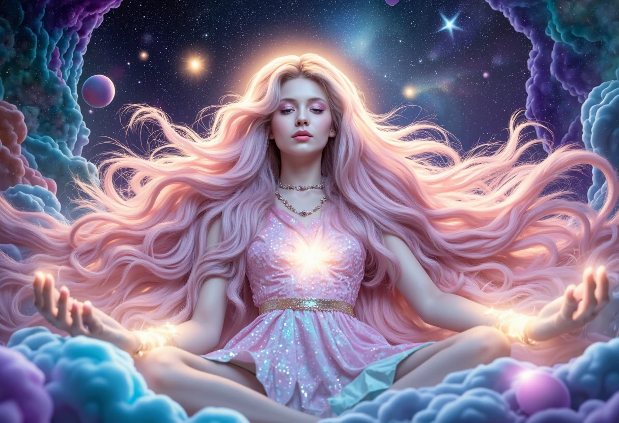A mystical scene of a person bathed in divine light. A figure with long, wavy hair sits cross-legged in meditation, wearing a flowing purple robe. Their back is to the viewer. Above them, a brilliant, radiant light source emanates beams of golden and rainbow-hued light. The light forms a circular aura, with rays stretching down to envelop the person. The background is dark, enhancing the contrast with the luminous apparition. The overall atmosphere is one of spiritual awakening, transcendence, and connection to a higher power.