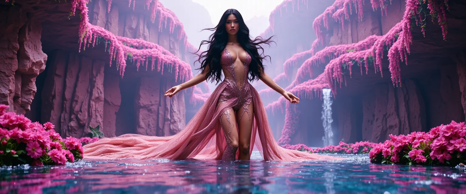 At night, aerial view of a mysterial outdoor altar, horror dark statue, a vortex cascading energy gateway in the distance with a tall staircase to cosmos heaven, fountain, waterfall, atmospheric fog, Matrix style, (1girl, solo), large-breast:1.3 D-cup slim body, cleavage:1.3, belly dancer costume, (mini VR sunglasses), ((holding a laser pistol)), standing, half-body thigh level medium shot, depth of field, cinematic lighting, ray tracing.